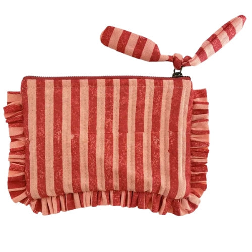 Handmade Quilted Pouch Pink Red Stripes 8x5 Inches Cotton - Casa Amarosa