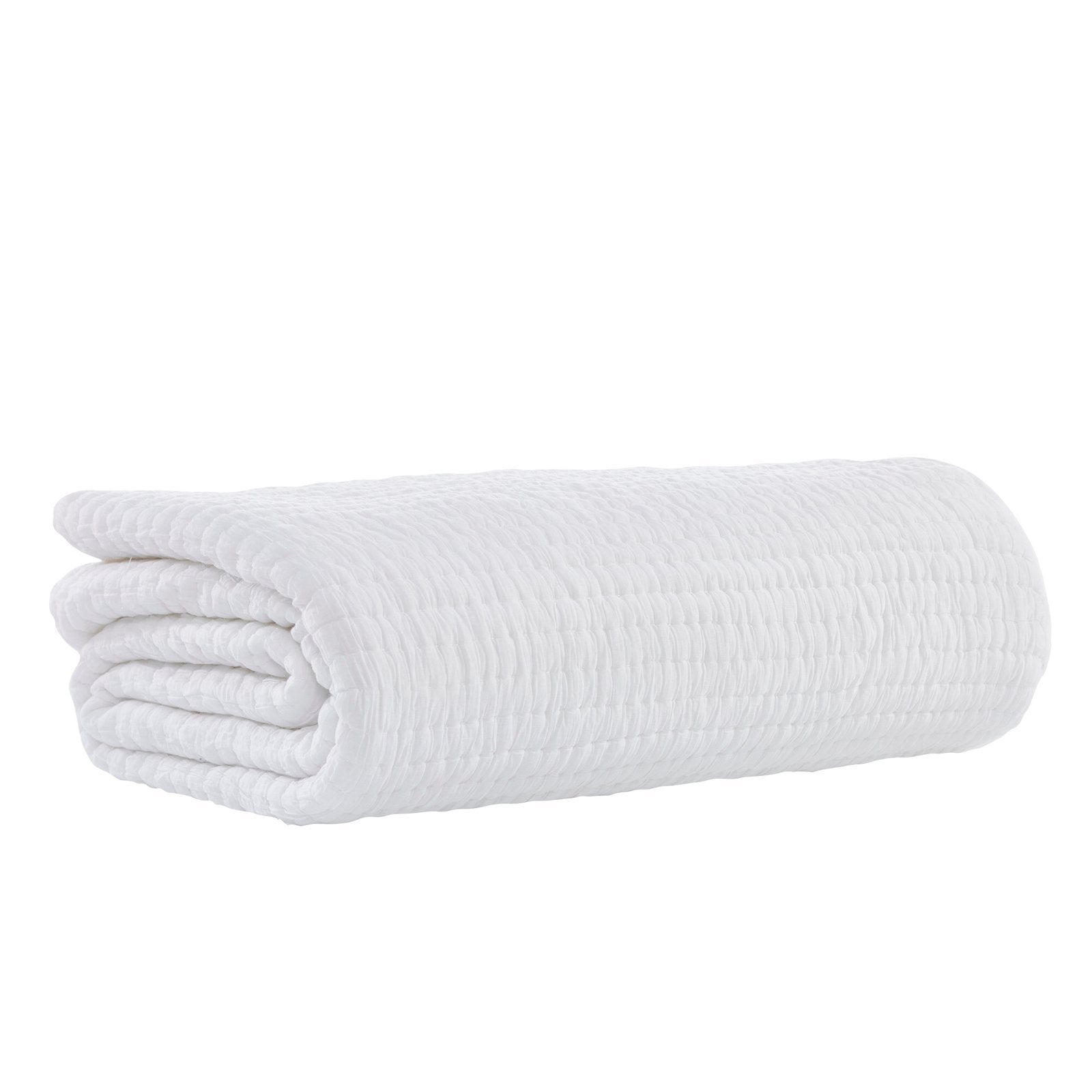 QT-358-9496_5|Neatly folded white quilted blanket with subtle textured stripe pattern, providing minimalist elegance and cozy warmth.