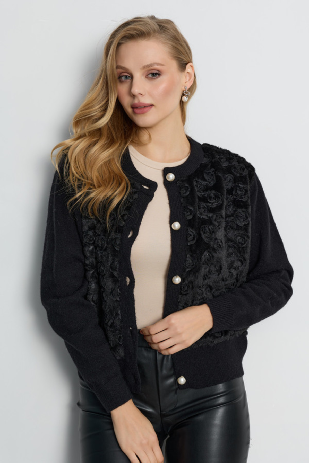 Floral Velour Button Cardigan - Black