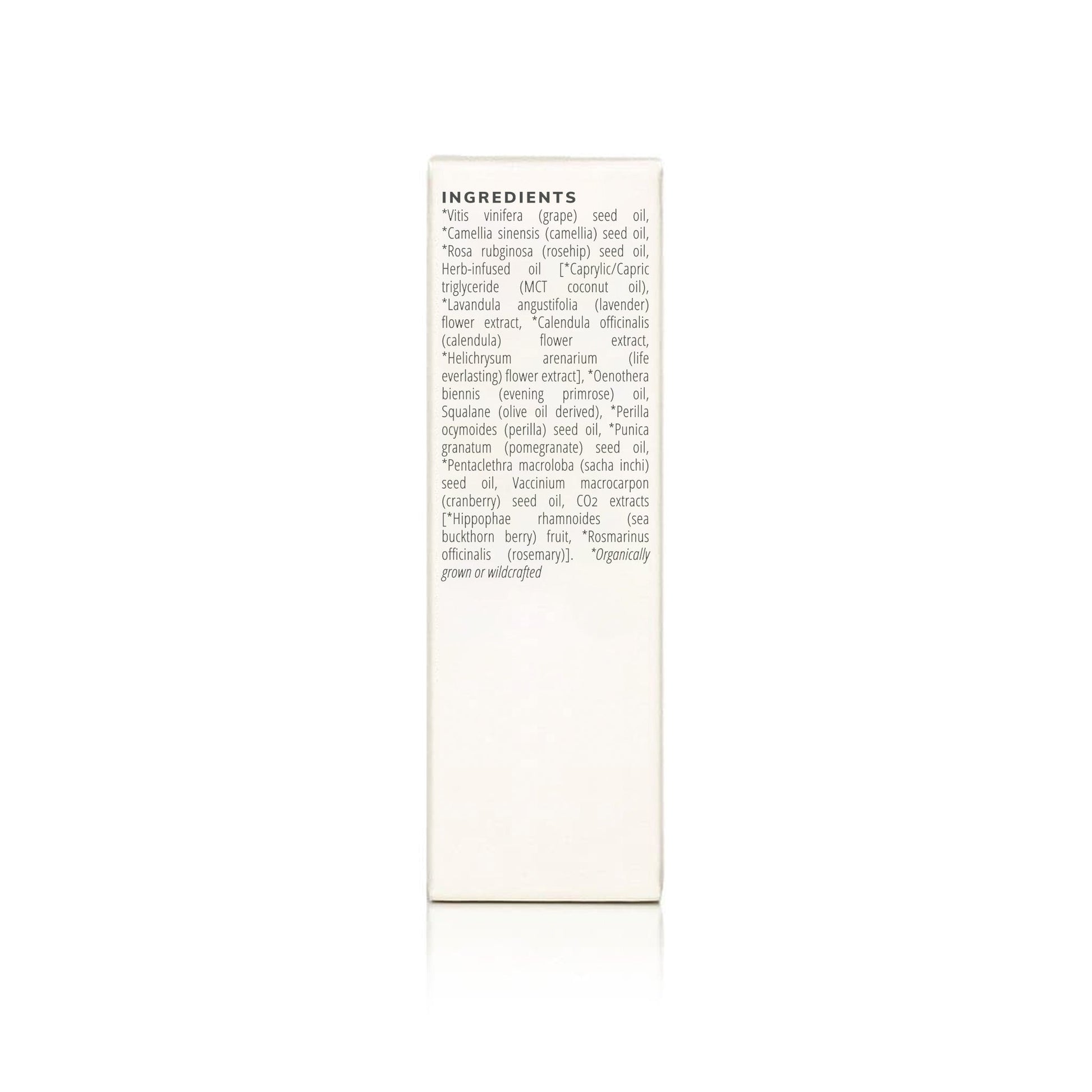 Herbal Facial Oil for Sensitive Skin ingredient list featuring grape seed oil, camellia seed oil, rosehip seed oil, squalane, and botanical extracts.