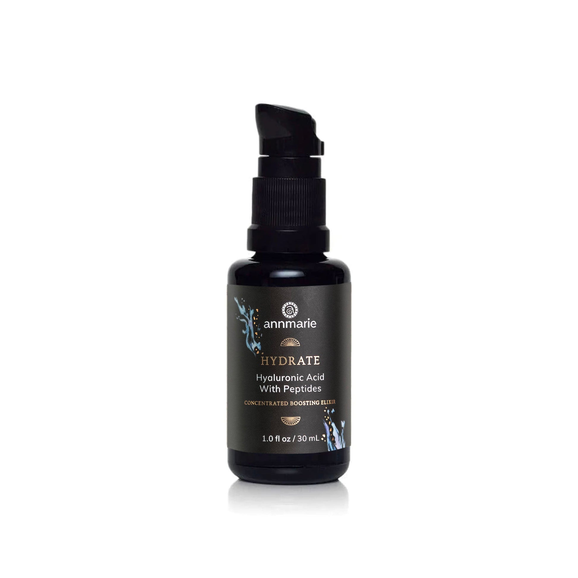 Hydrate Hyaluronic Acid with Peptides concentrated boosting elixir in a 1 oz dark glass pump bottle on a clean white background