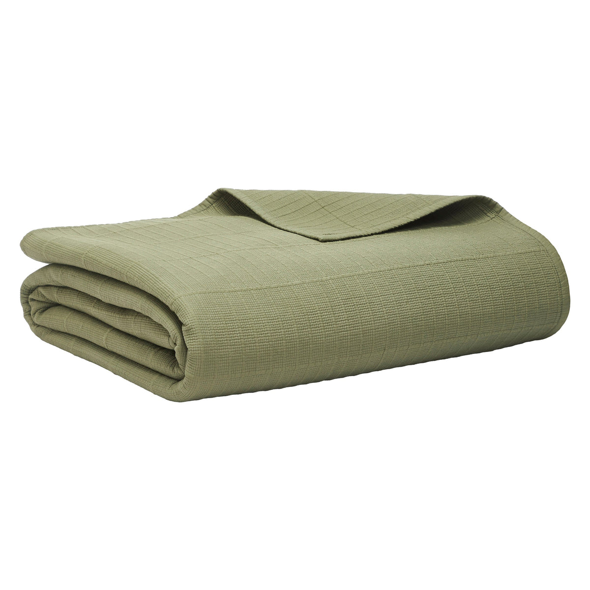 CL-270-11096_10|Studio shot of a neatly folded sage green textured coverlet. Versatile, soft bedding perfect for adding warmth and style.