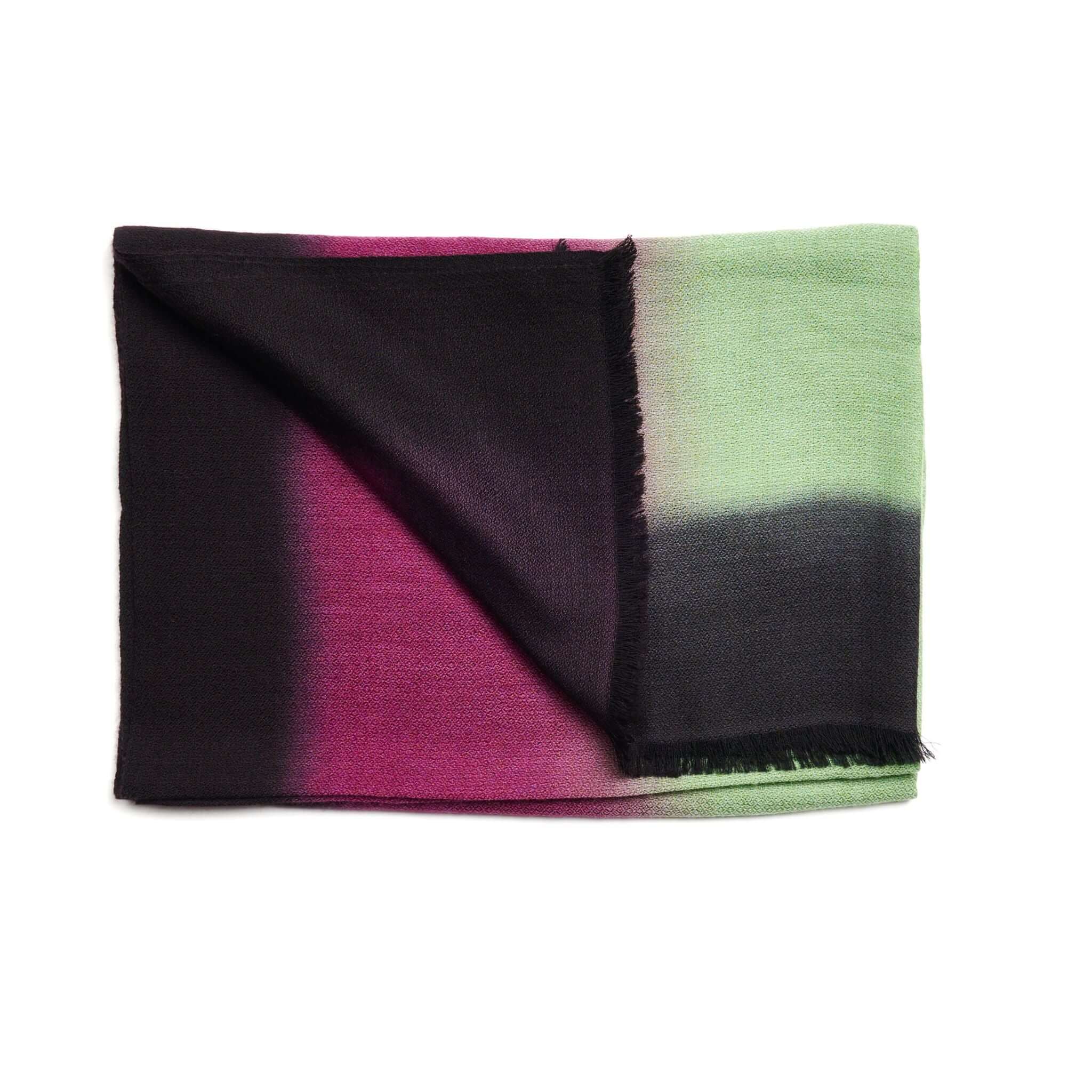 Iris Topaz Yellow Olive Green Cashmere Merino Soft Handwoven Modern Artisanal Scarf showcasing unique hand-dyed colors.