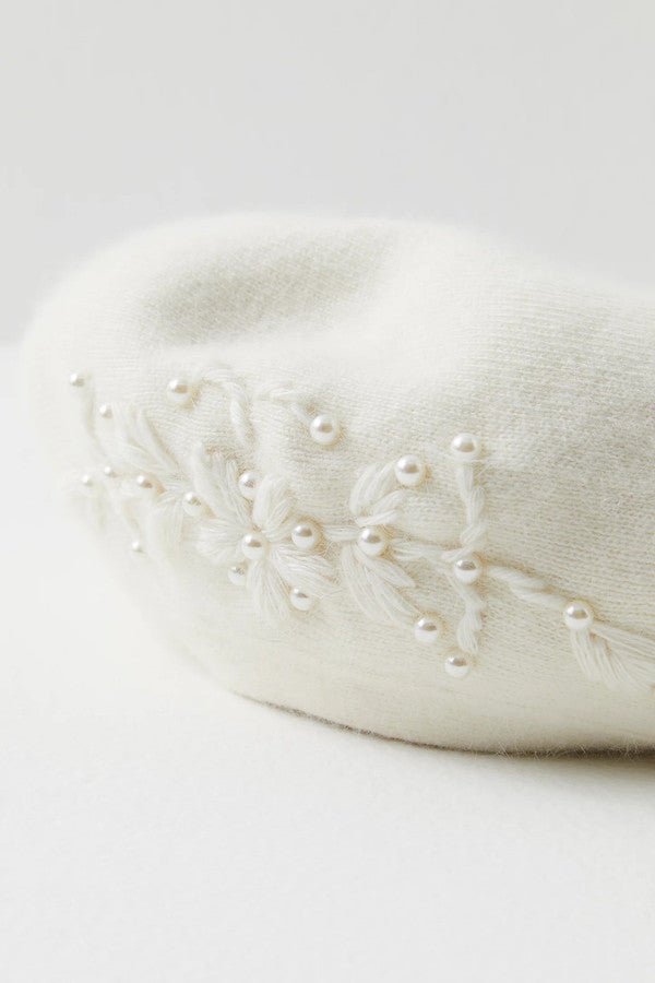Pearl Embellished Floral Beret - Ivory