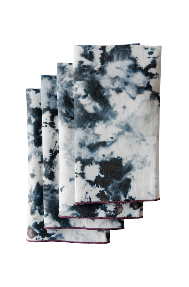 Grey Marble linen dinner napkin set of 4 in swirling grey black and blue watercolor pattern - Goldie Home