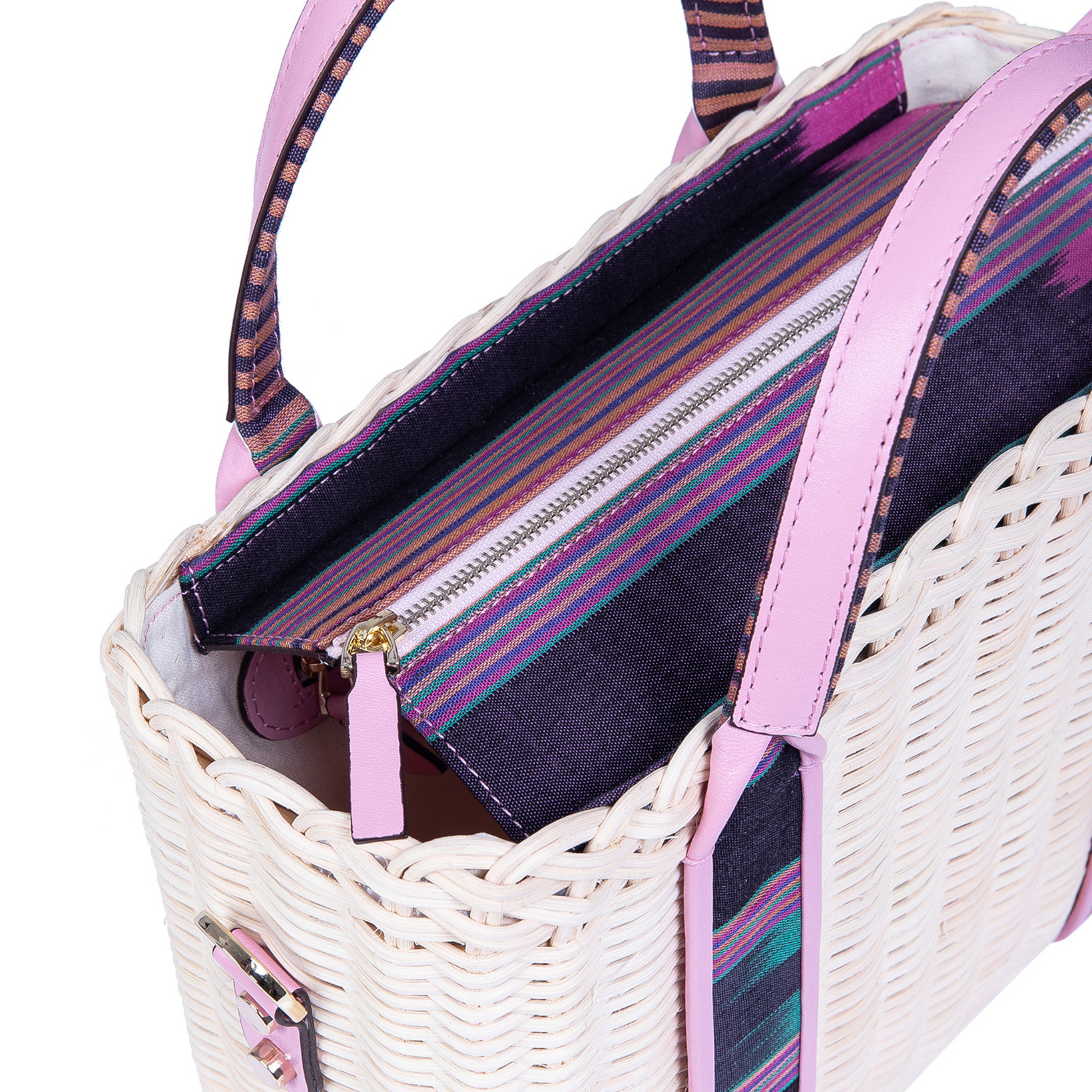 woven rattan women bag with leather detailings. accented with handmade Turkish textile