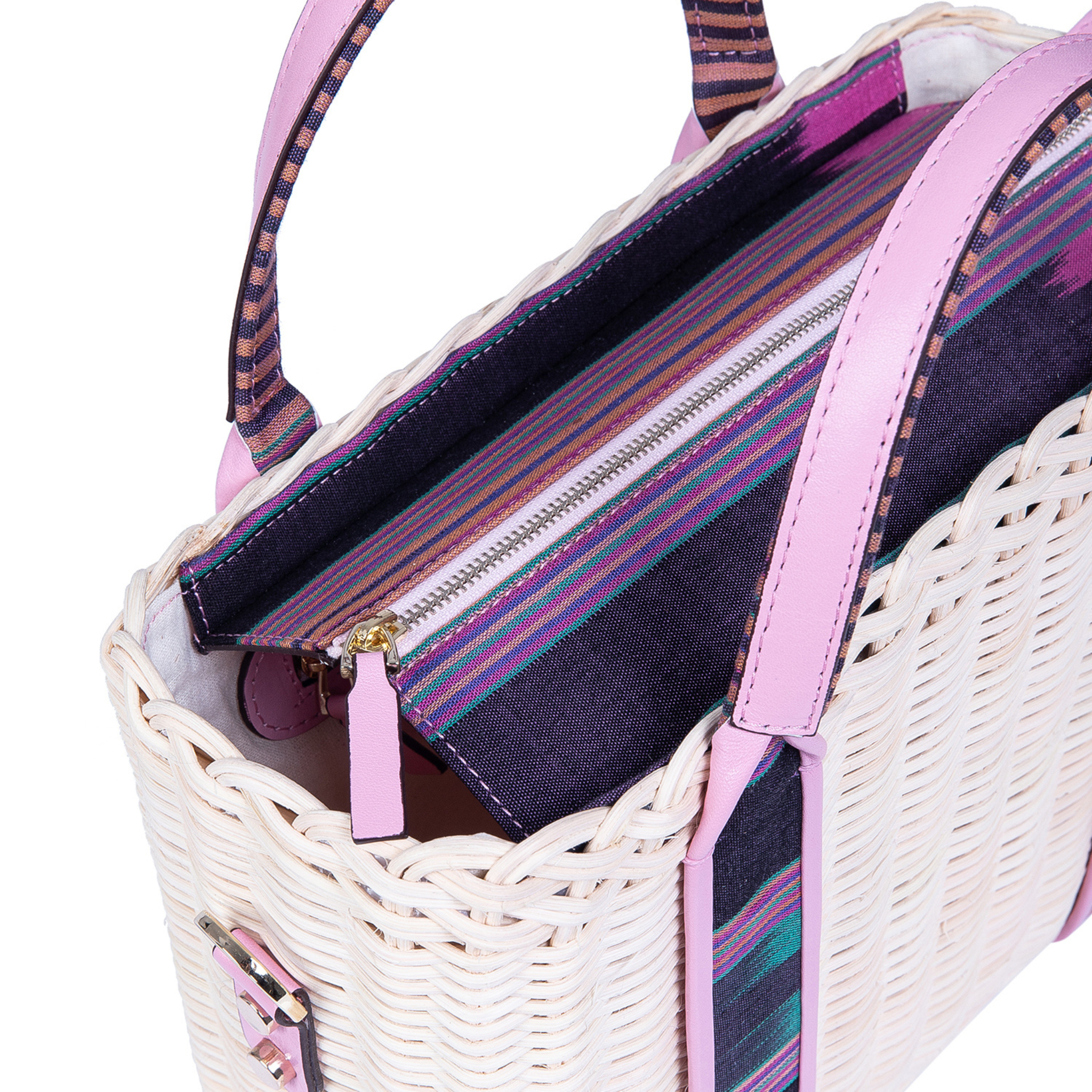 woven rattan women bag with leather detailings. accented with handmade Turkish textile
