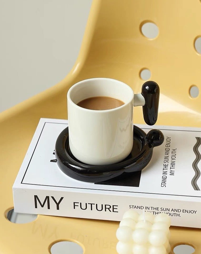 Handmade !? Ceramic Coffee Mug with Saucer - Unique Cute Funny Novelty Mugs - Mugs - !? Ceramic Coffee Mug with Saucer-Black Exclamation Mark - INSPECIAL HOME