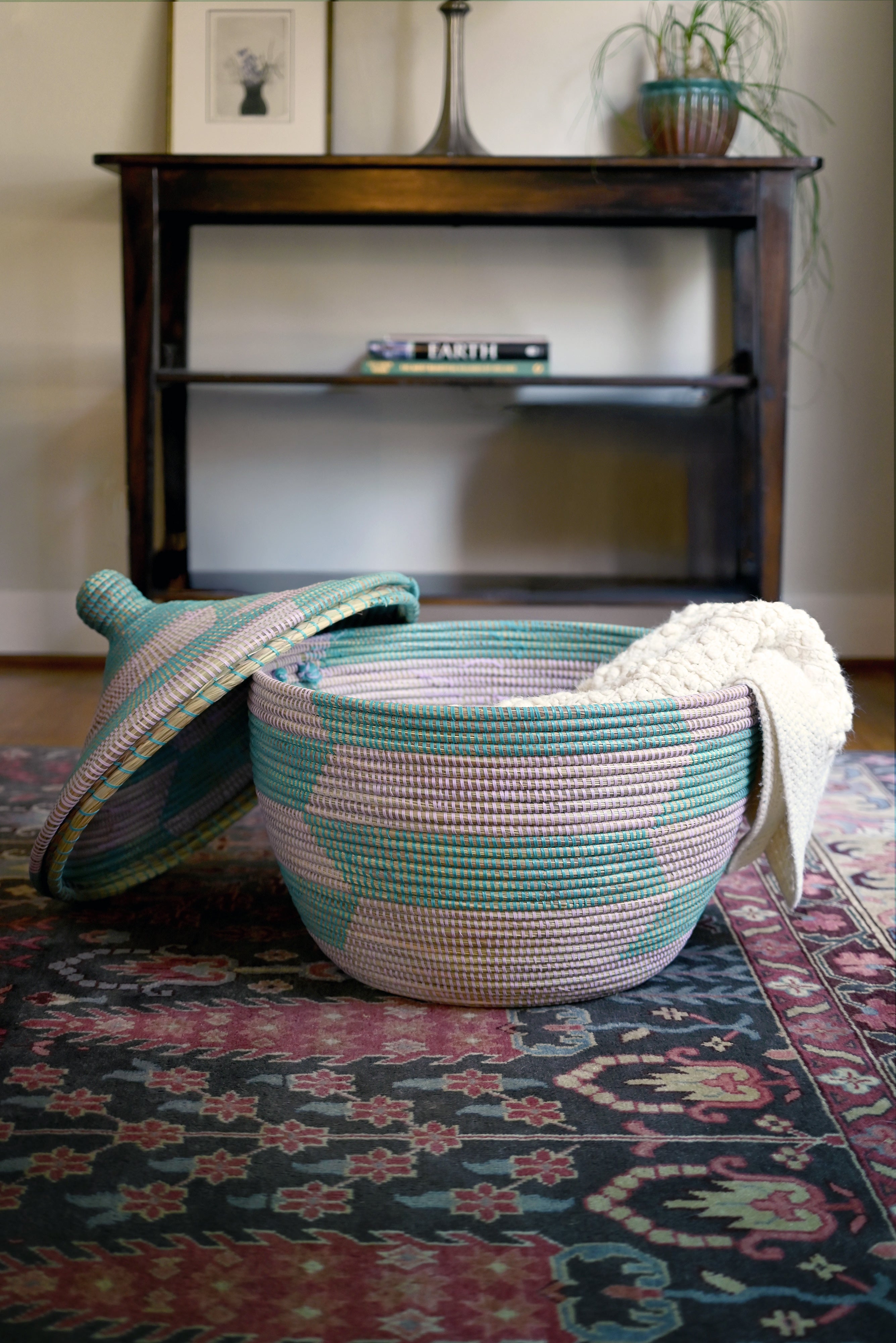 Aqua & Lavender Herringbone Storage Basket