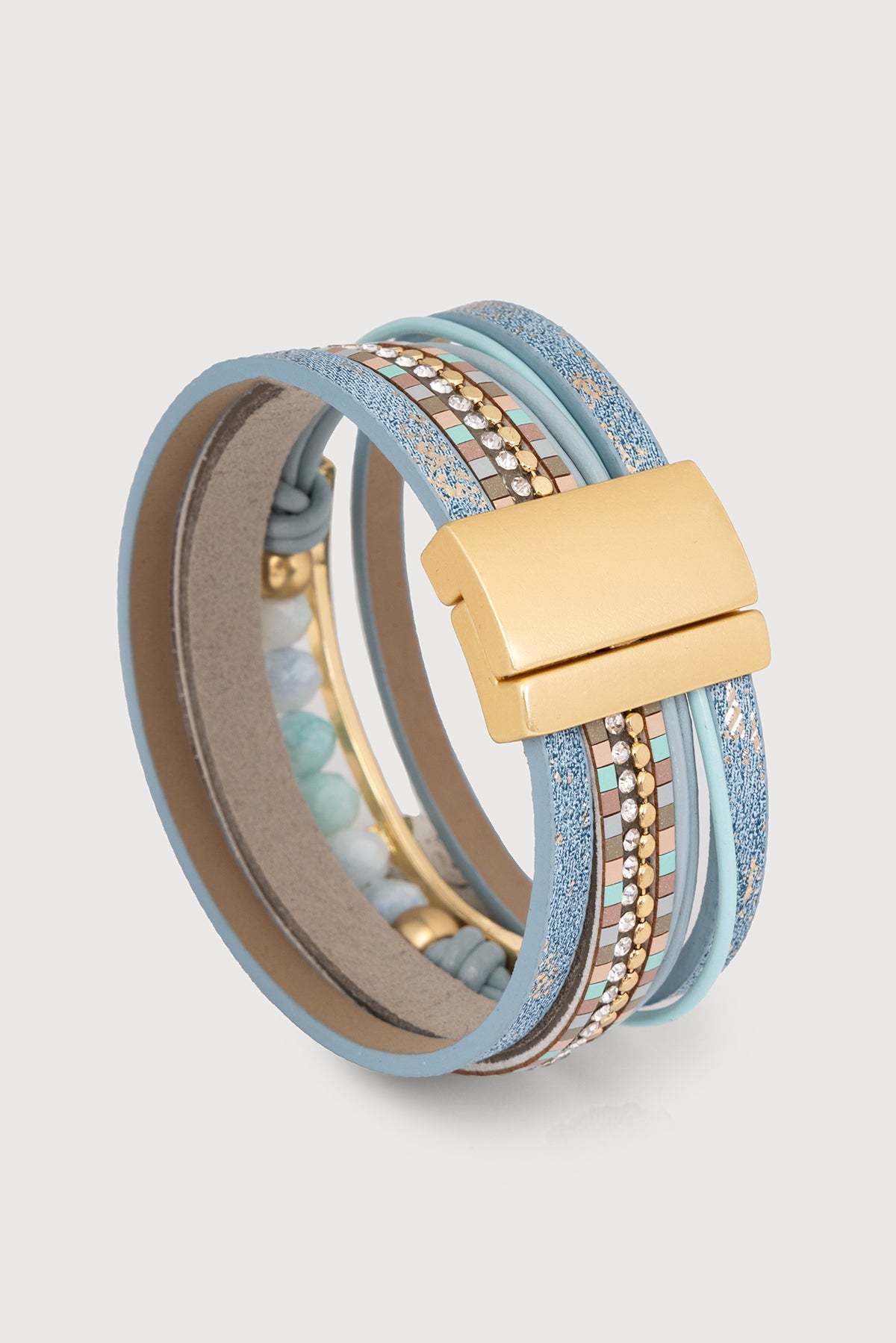 Beaded Shimmer Leather Bracelet - Light Blue