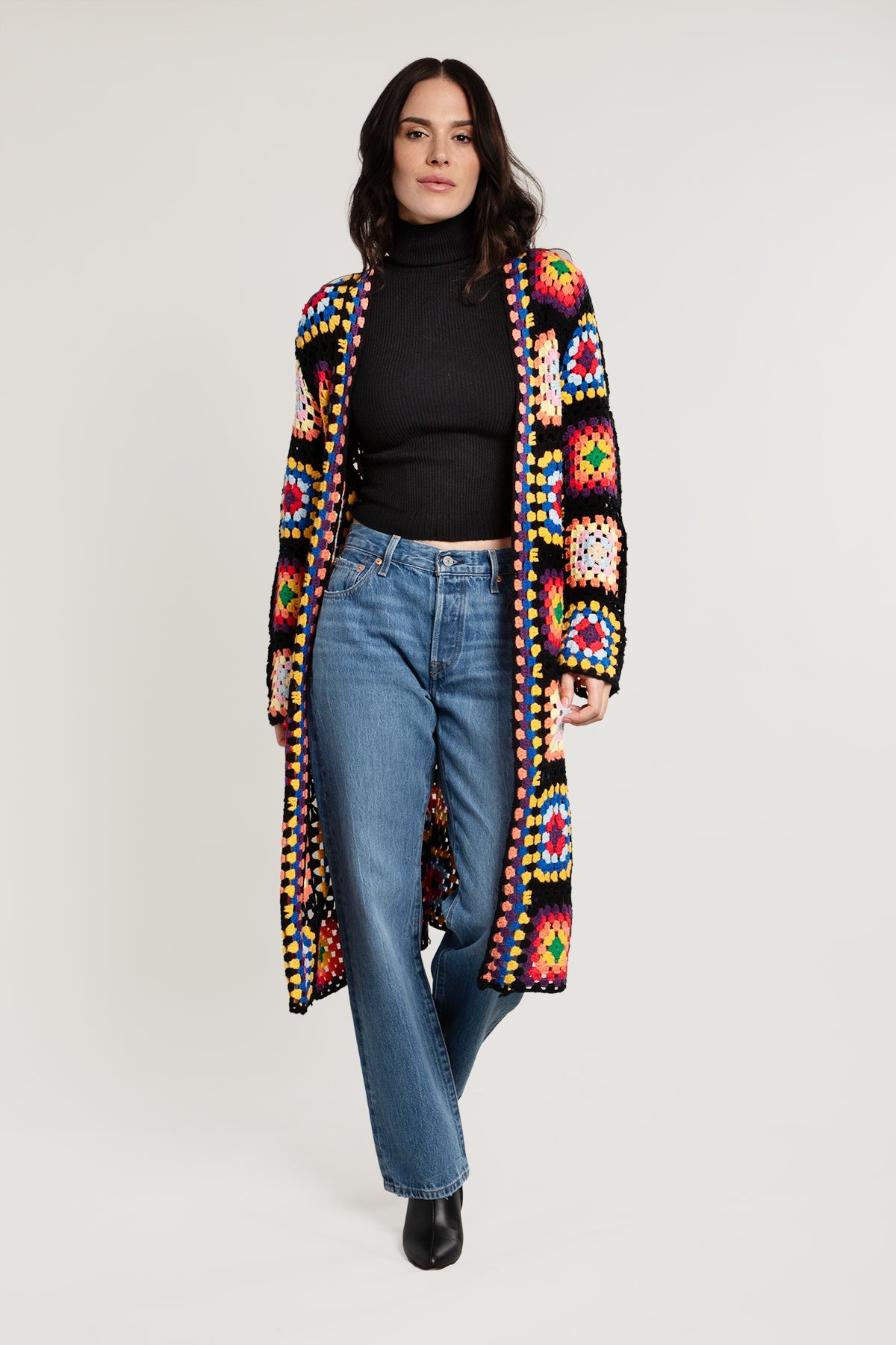 Granny Square Crochet Kimono - Black