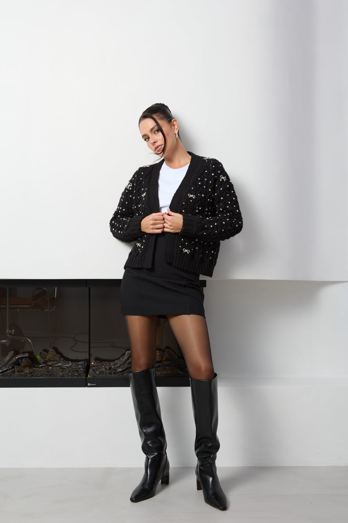 Bow Jeweled Cardigan - Black
