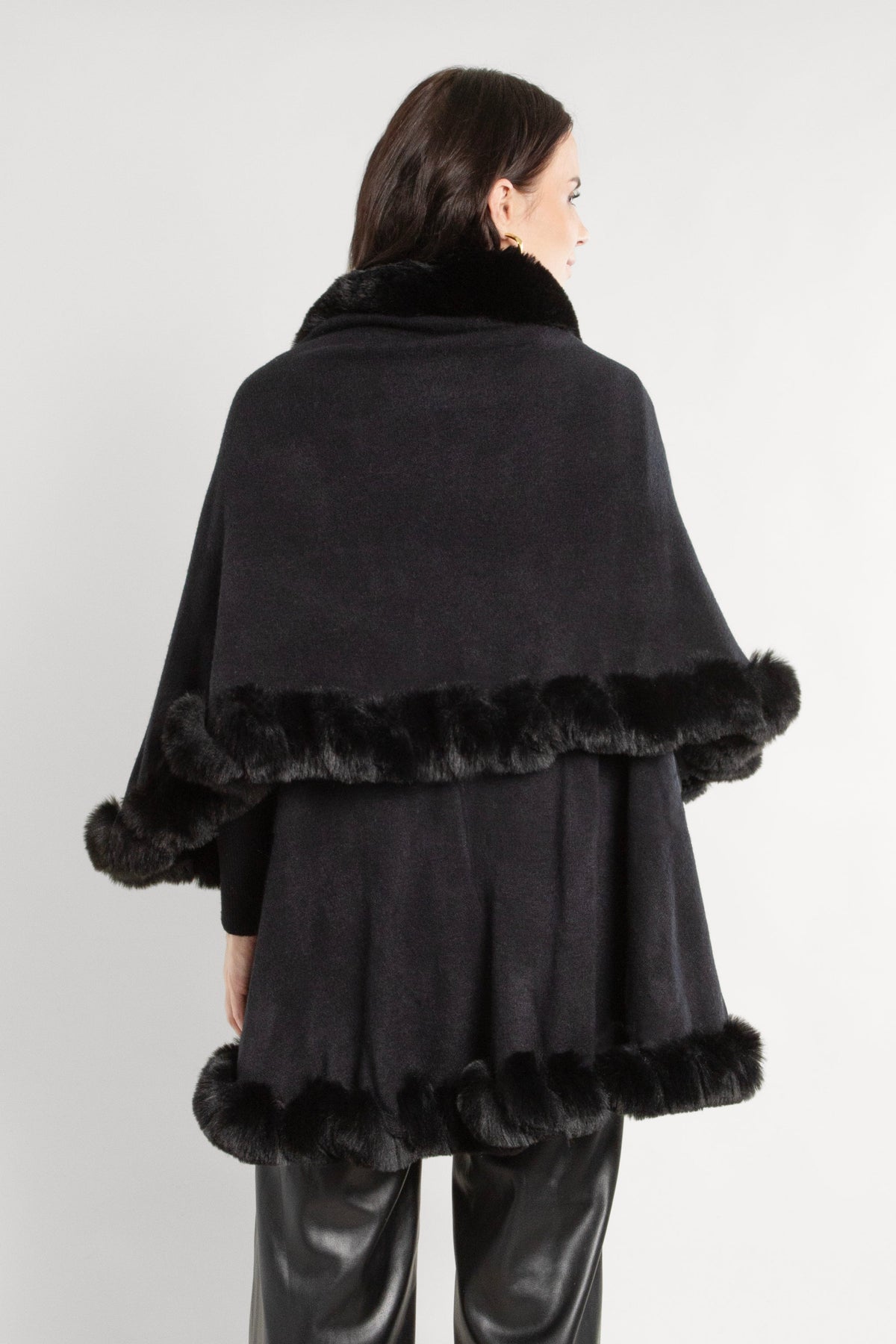 Layered Kimono Faux Fur Cape - Black