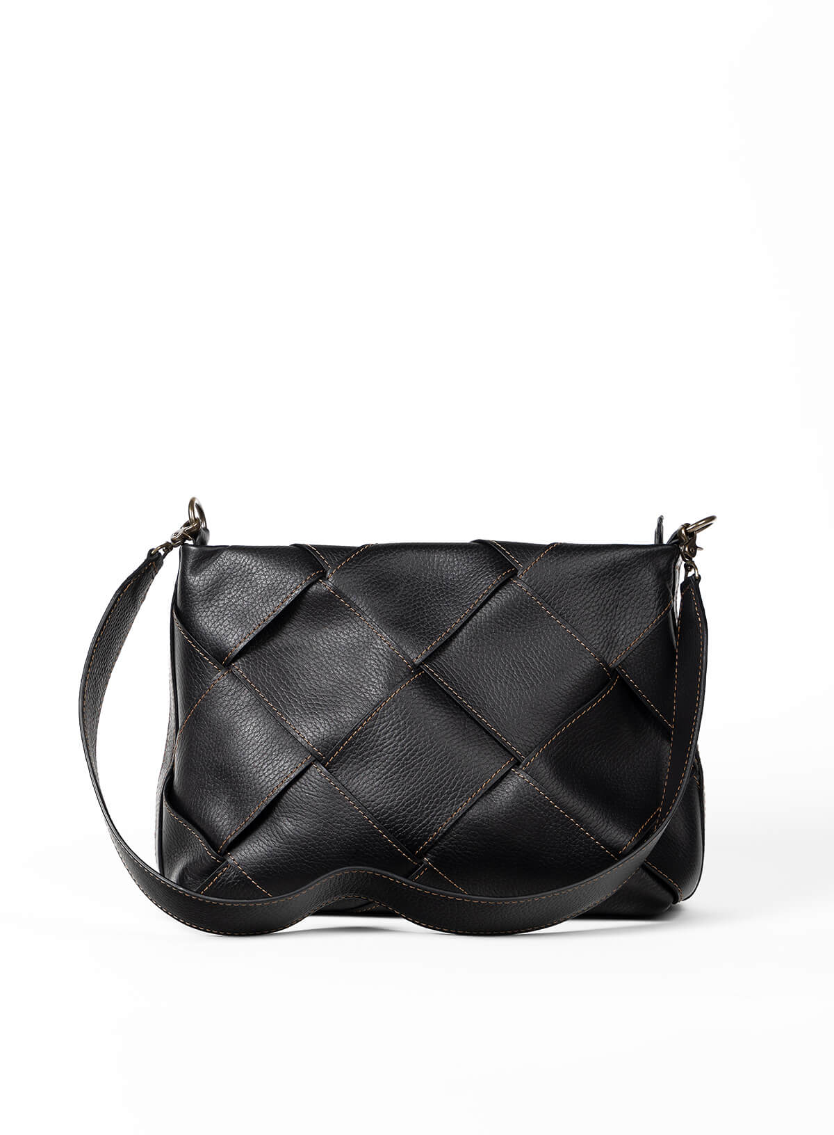 Black woven handbag on a white background