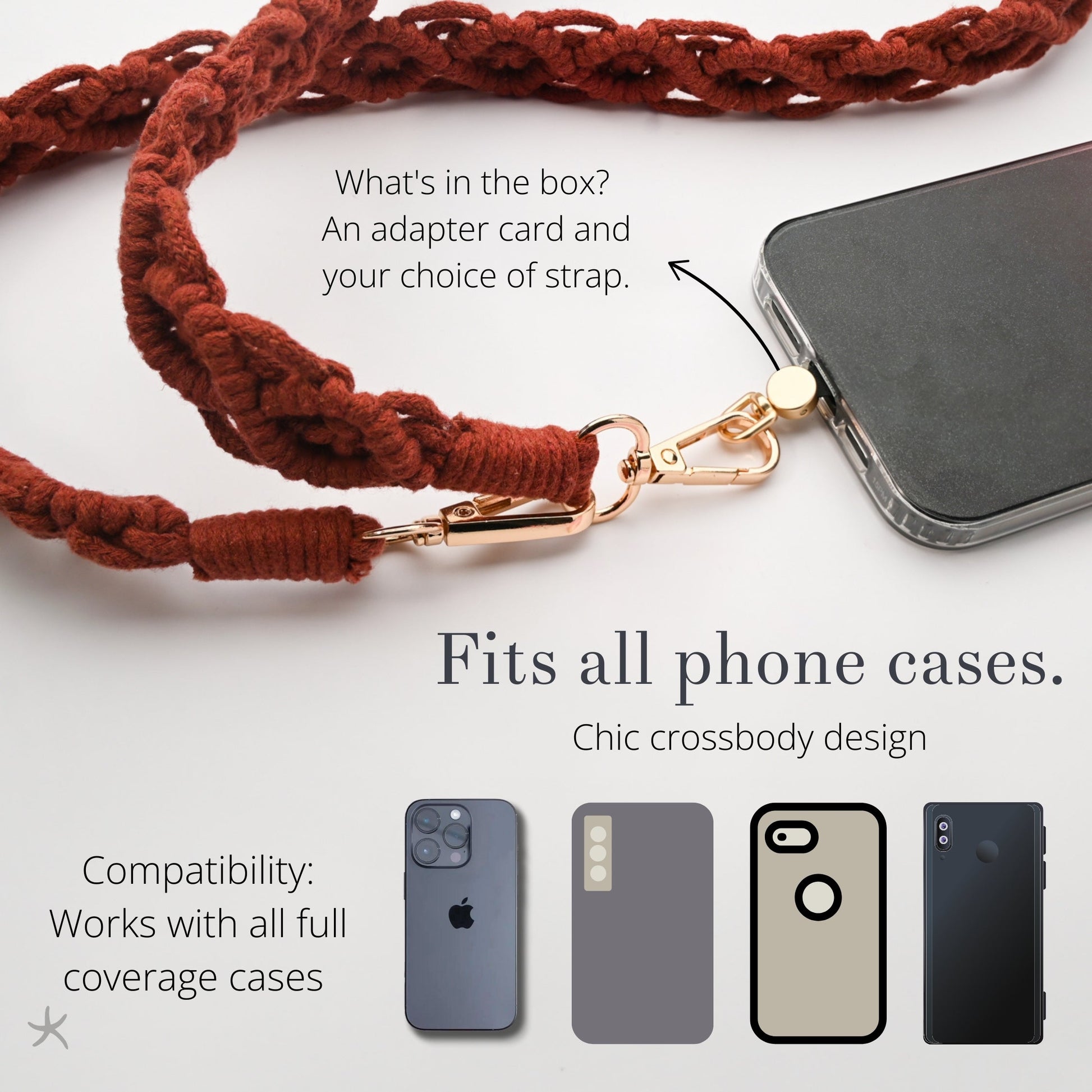 Long macrame phone strap, accessories and jewelry website, phone case strap, terra cotta strap for phone, jewelry website, hand made accessories