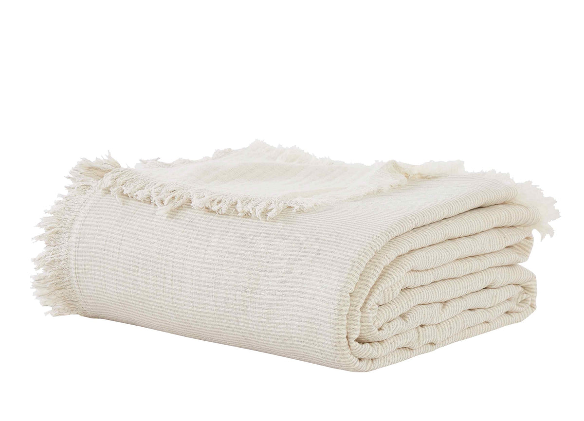 BT-114-9496_4|Neatly folded cream striped blanket featuring delicate fringe edges, ideal for adding a touch of cozy elegance to any living space.