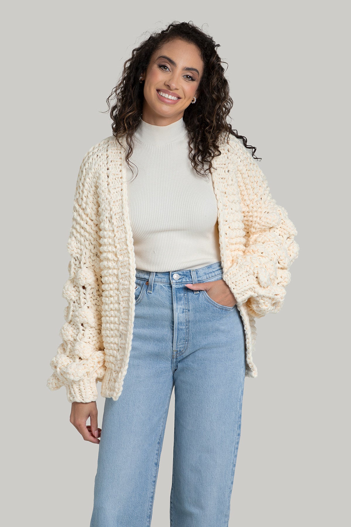 Knit Cardigan With Bauble Sleeves - Ivory