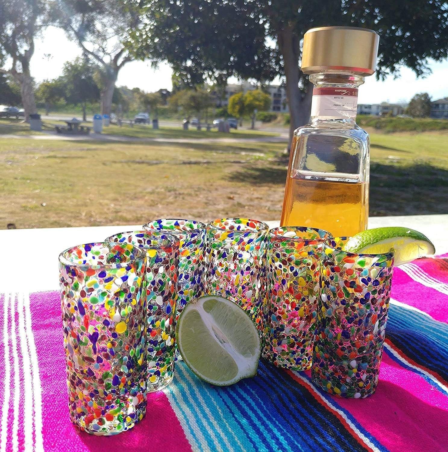 Hand Blown Mexican Tequila Glasses – Set of 6 Confetti Design Tequila Shot Glasses (2 oz each) - Dos Sueños
