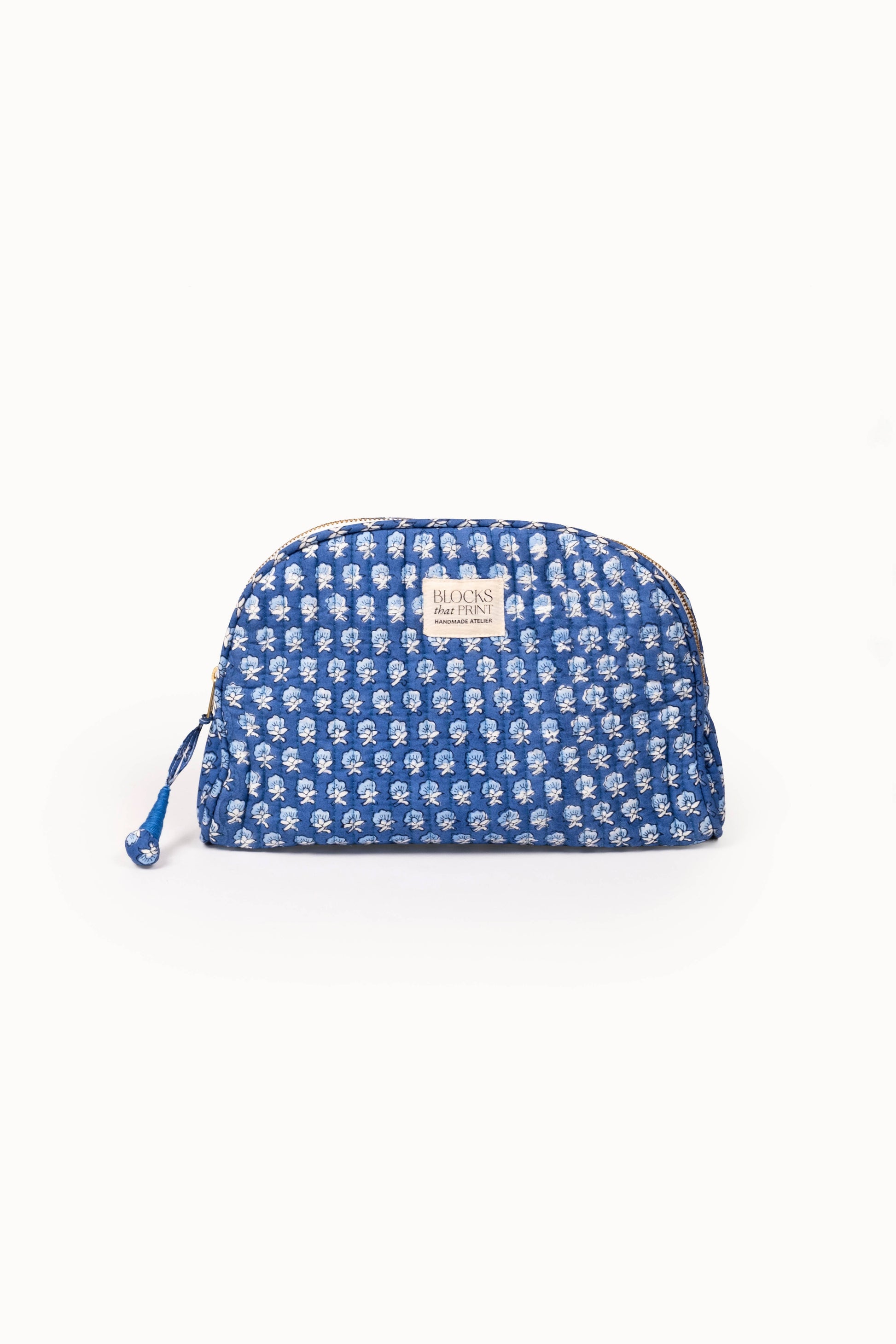 Medium Block Print Quilted Travel Pouch - Parijat Blue