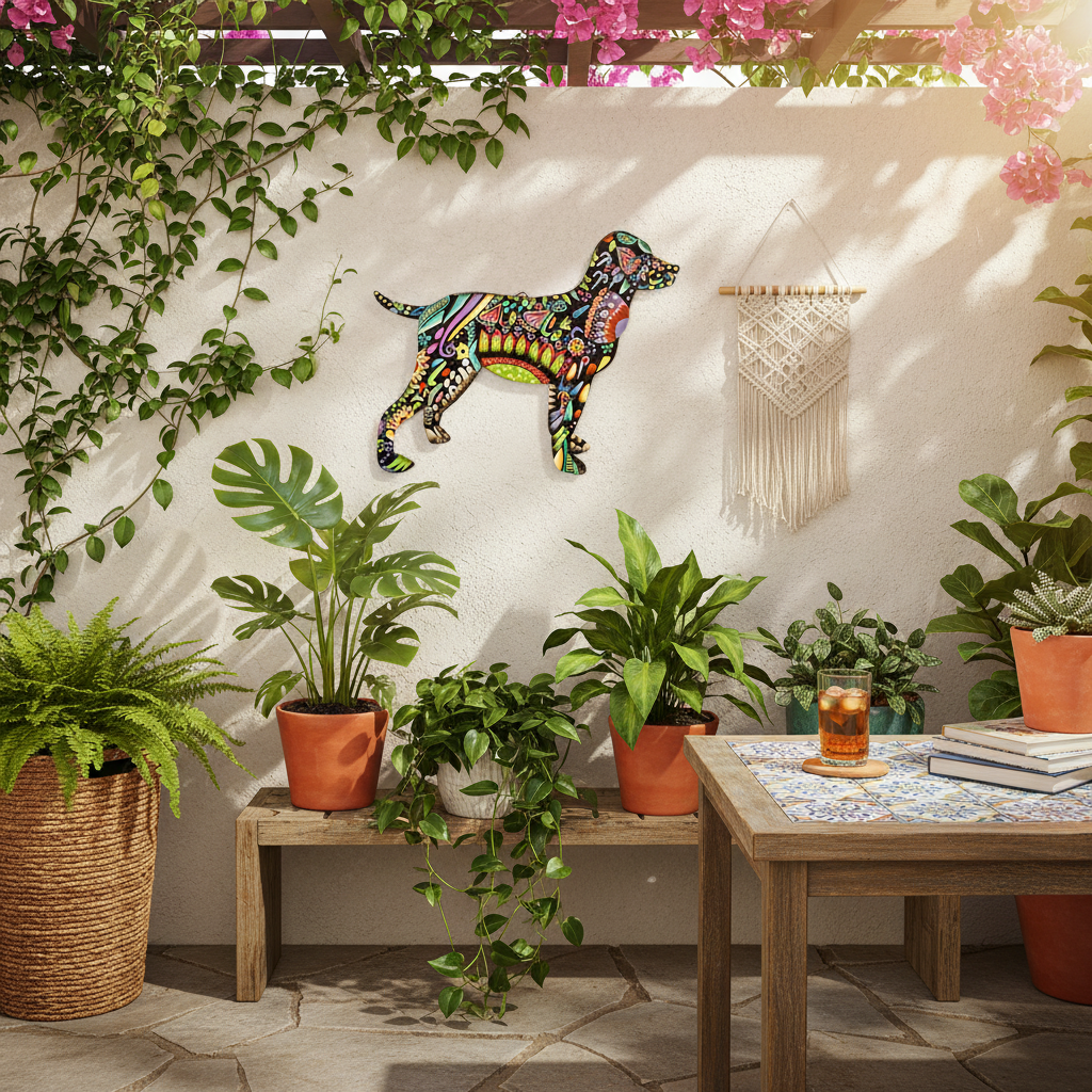 Vivid Dog colorful metal dog wall art on outdoor patio wall surrounded by tropical plants - SM05422