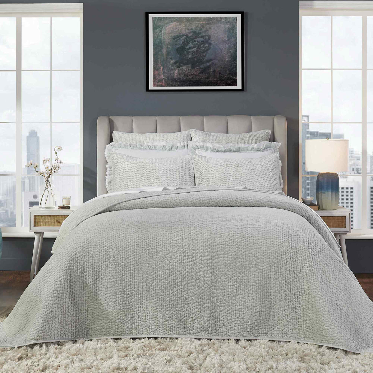 CL-183-11898_1|Light gray textured coverlet on a queen bed, elegant quilted bedding for a serene and luxurious sleep space. (119 chars)