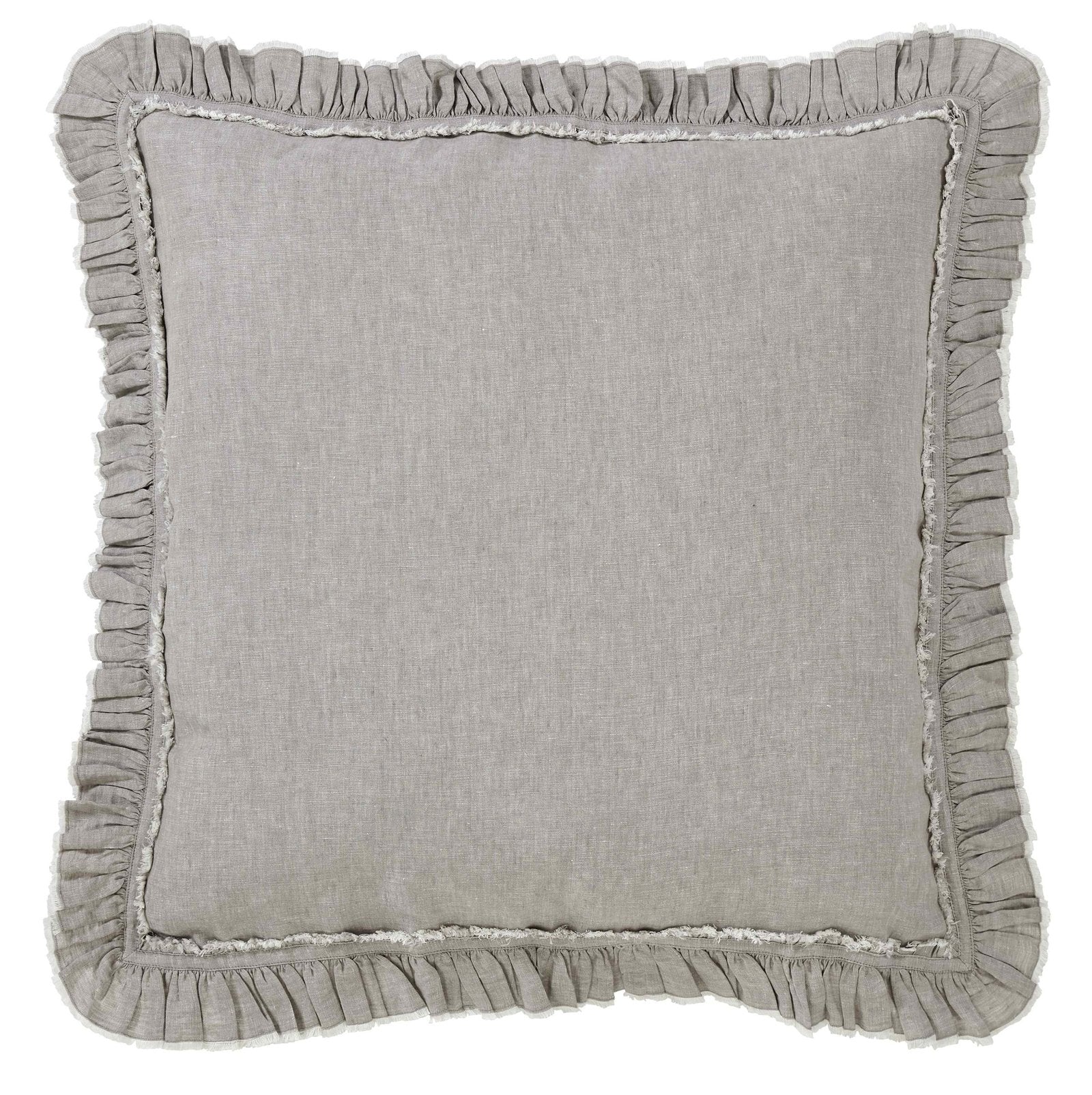 ES-019-2626_1|Grey linen duvet cover, soft ruffled edges, adding a charming, romantic touch to luxury bedding decor.