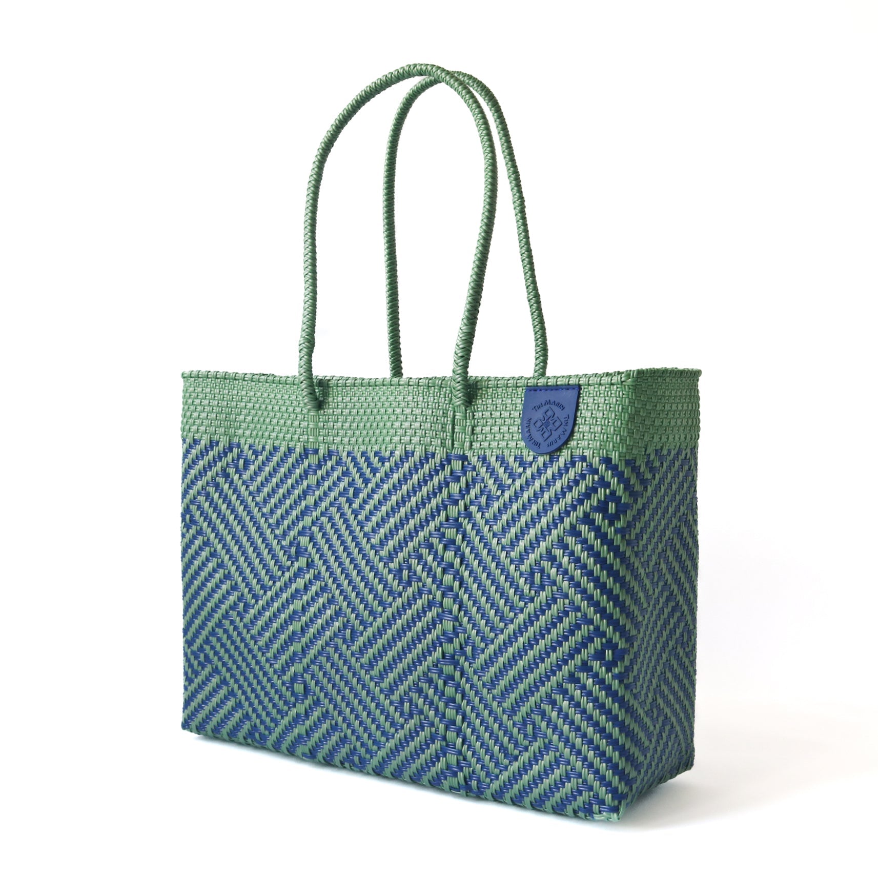 Tin Marin super tote in palmera Design, A blue and green geometric oversized tote bag with a shoulder strap.