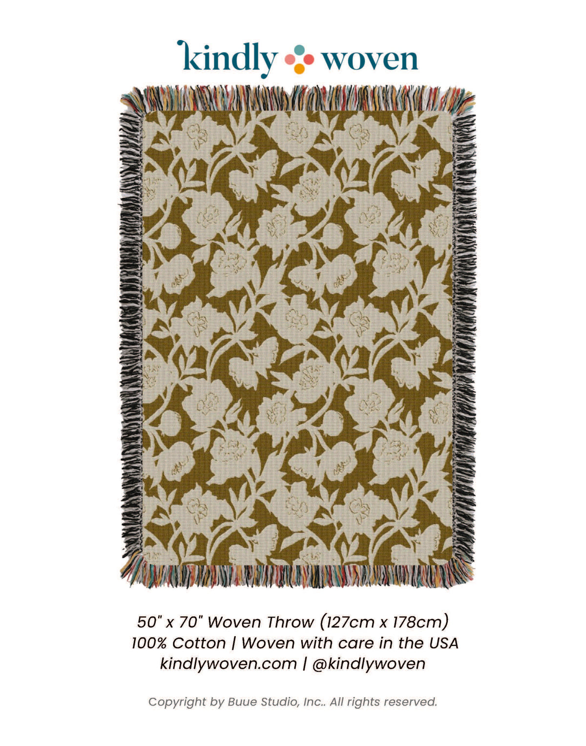 Full view of Addy Ochre gold floral reversible woven throw blanket with fringe