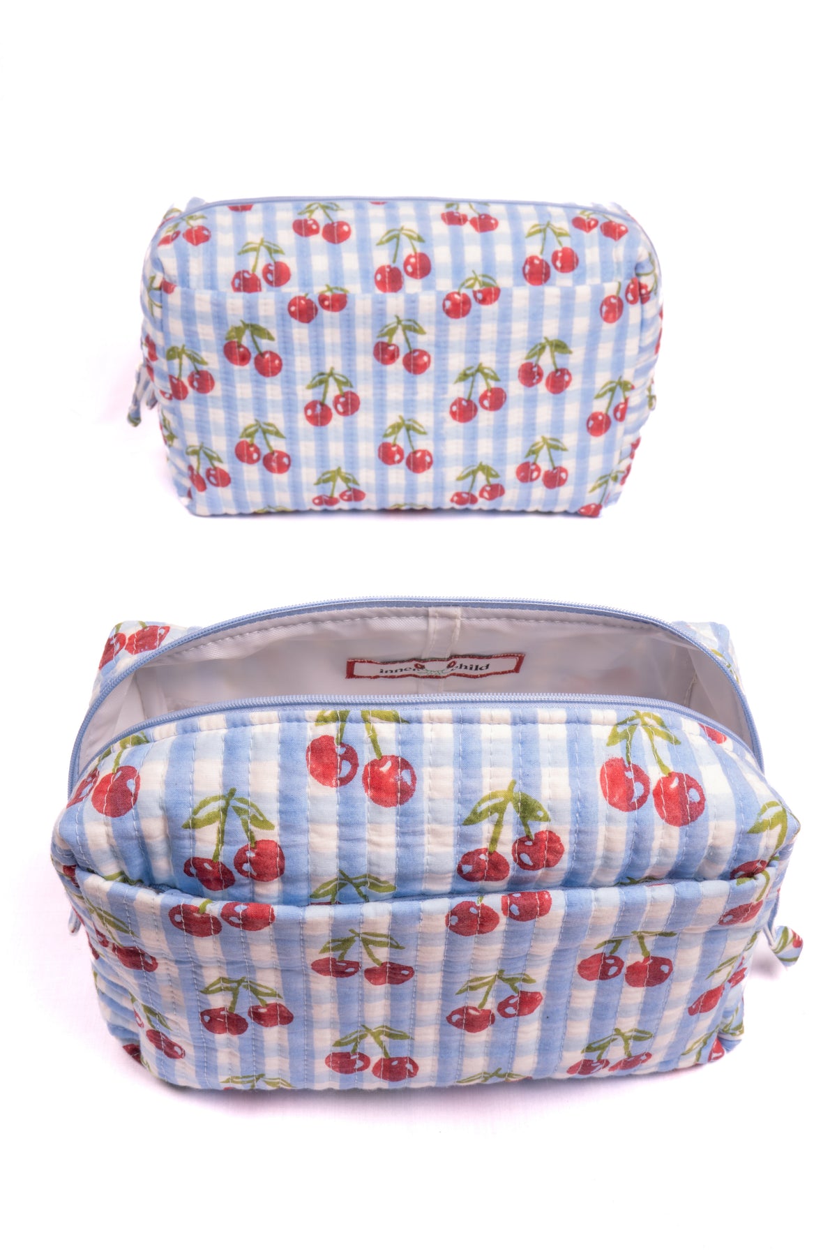 Blue gingham cherry blockprint makeup bag top & interior