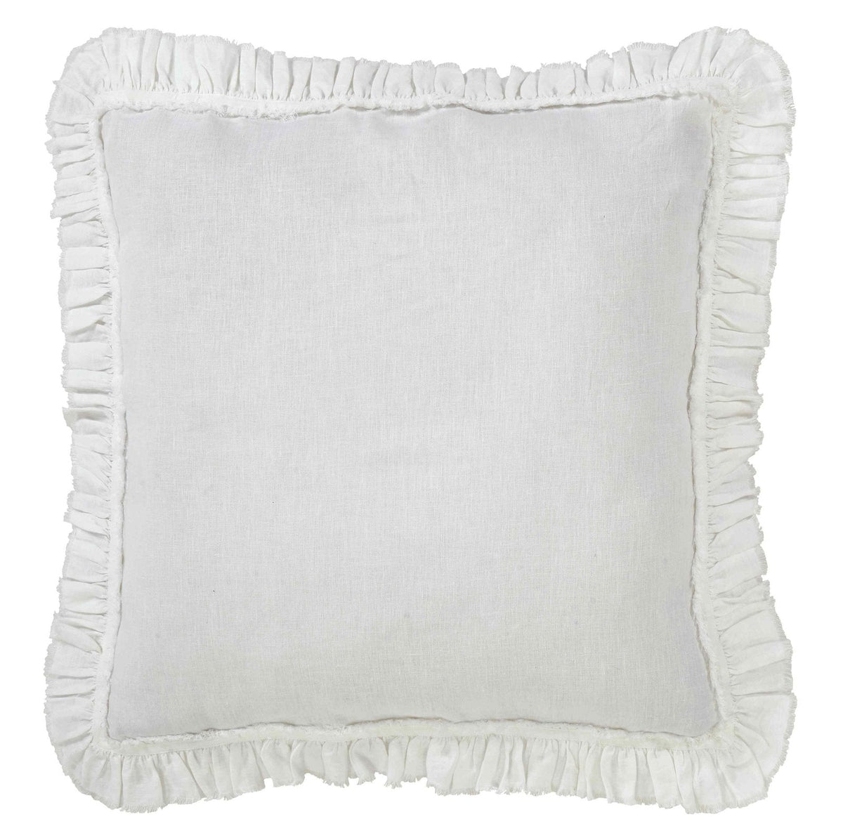 SS-017-X_1|Charming white linen square pillow with elegant ruffled edges, adding a touch of rustic sophistication to any bed.