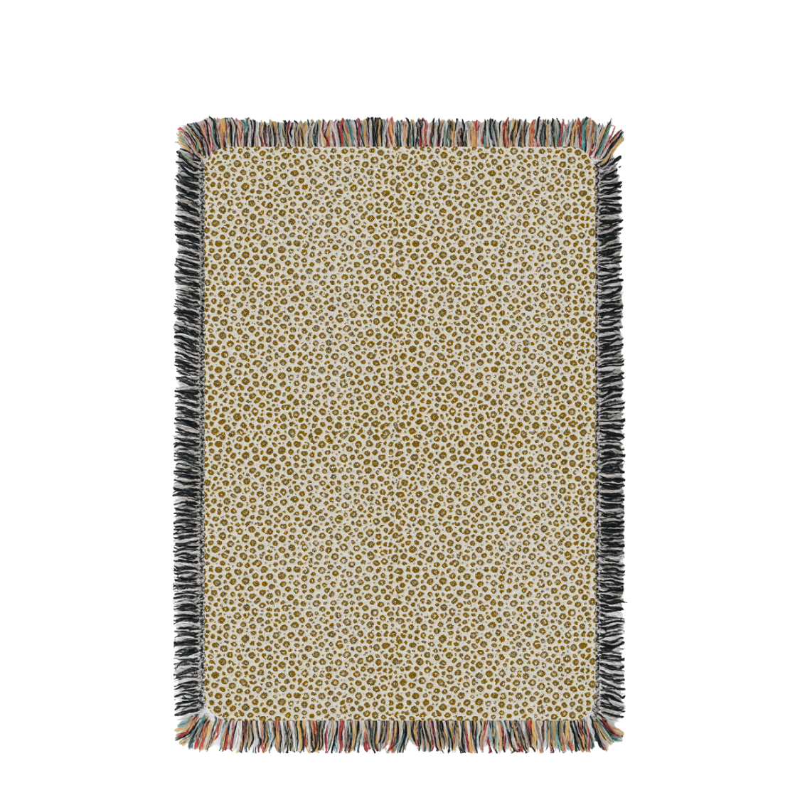 Full view of Zola golden leopard-print reversible woven throw blanket with fringe