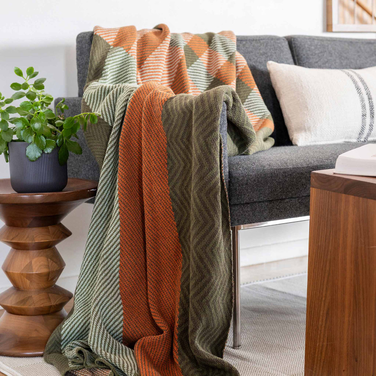 in2green Eco Throw Cotton Sustainable Knit Plaid Solid Throw Blanket - Patchwork Herringbone
