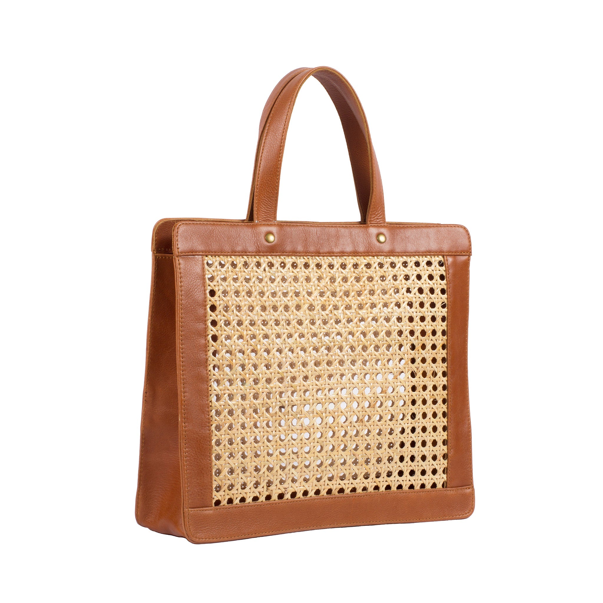 Mesh Leather Trim Cane Webbing Rattan Shoulder Tote Bag