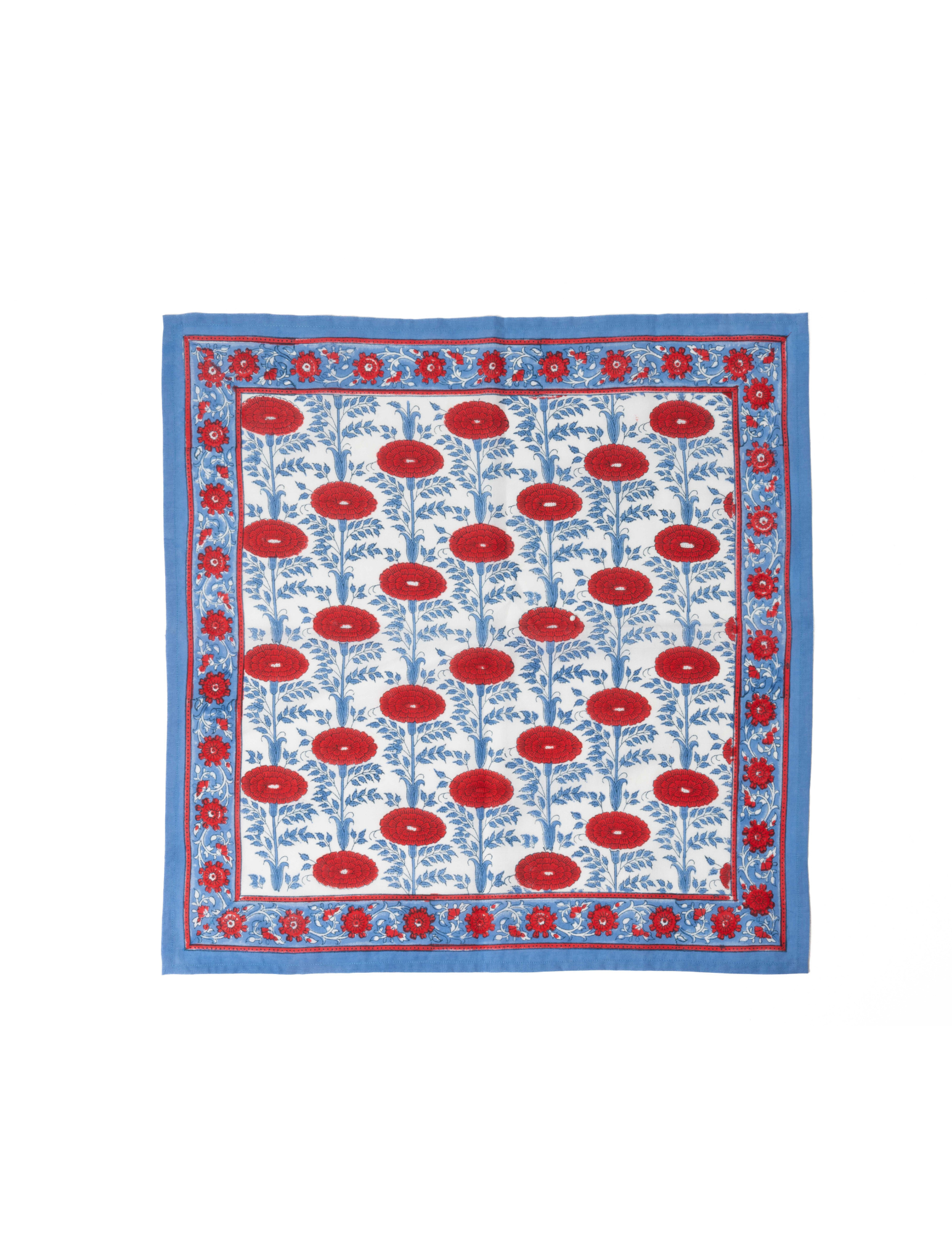Araminta blockprint napkin with blue border, red floral patterns, Inner Child