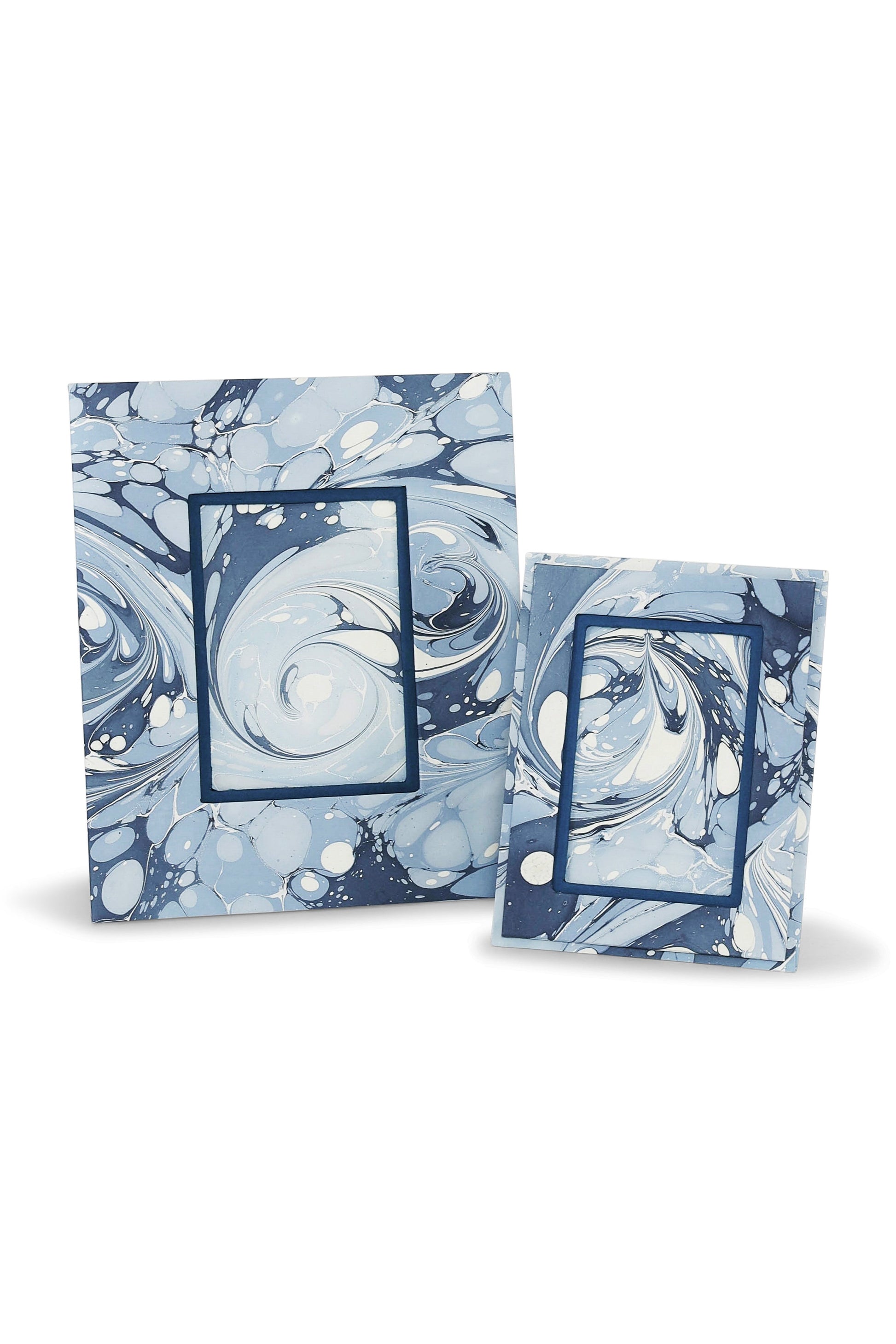 Hand-marbled large wall picture frames in blue and white ocean wave pattern from Inner Child