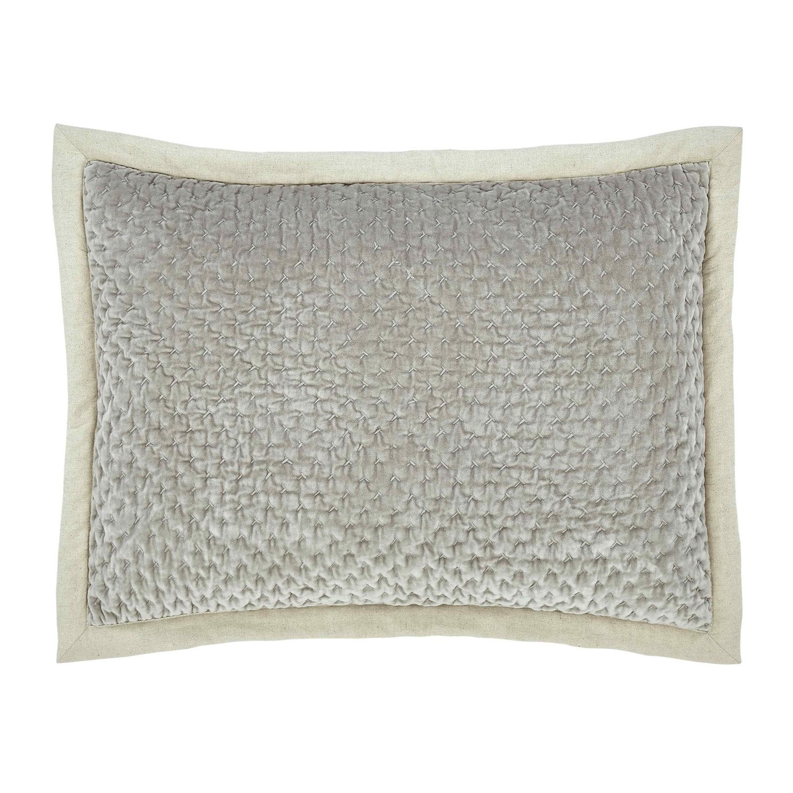 SS-330-2026-PO1223_1|Luxurious light grey velvet quilted pillow sham with intricate stitching, offering plush comfort and elegant bedroom style.