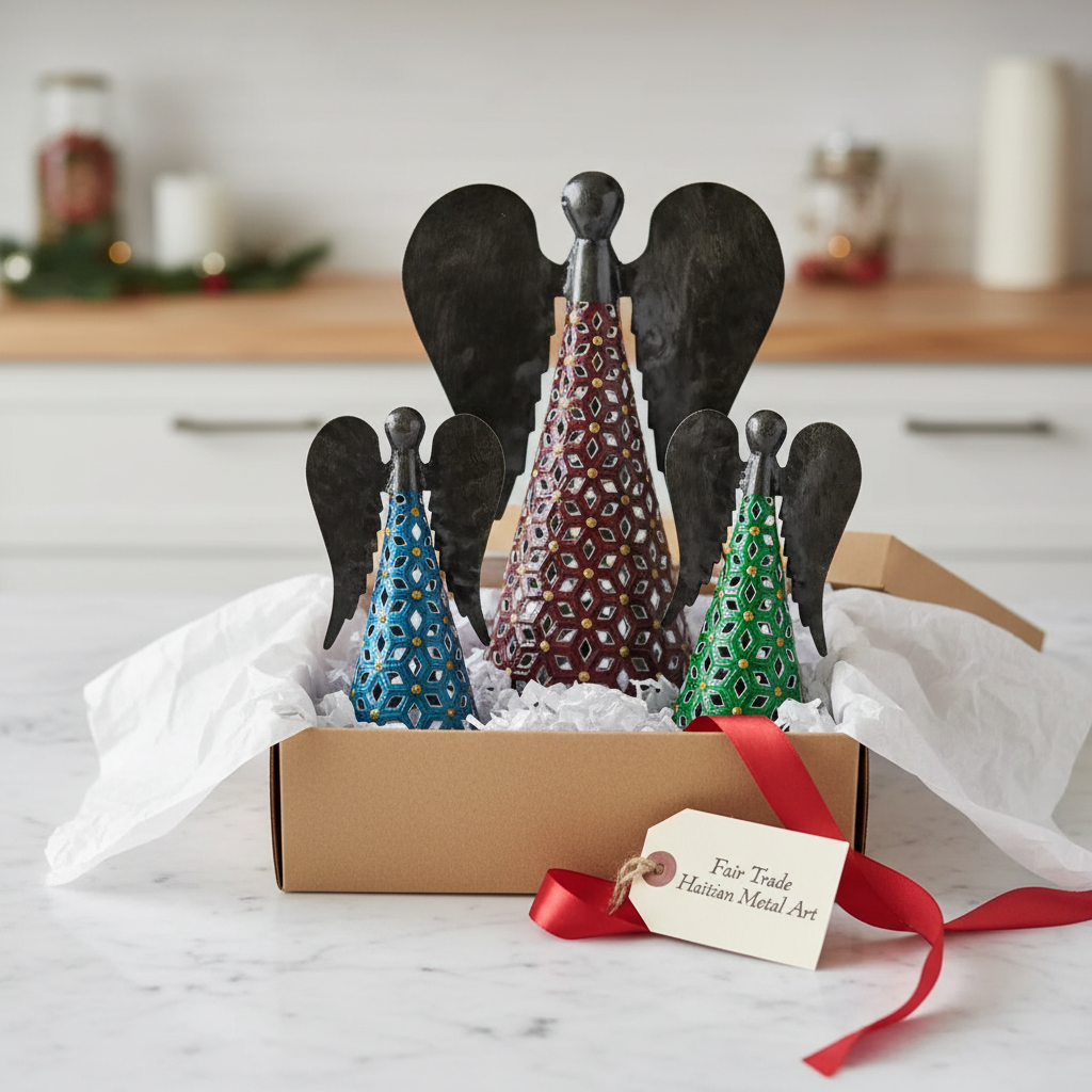 Fair Trade Haitian metal art angel gift set in kraft box – SM05622