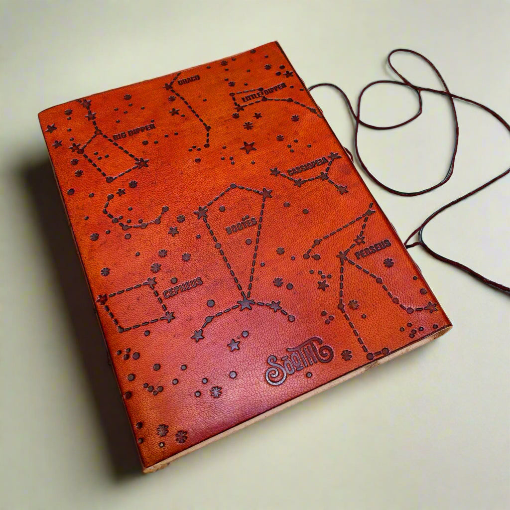 Handcrafted leather-bound diary with inspirational cover text – eco-conscious gift for seekers and storytellers