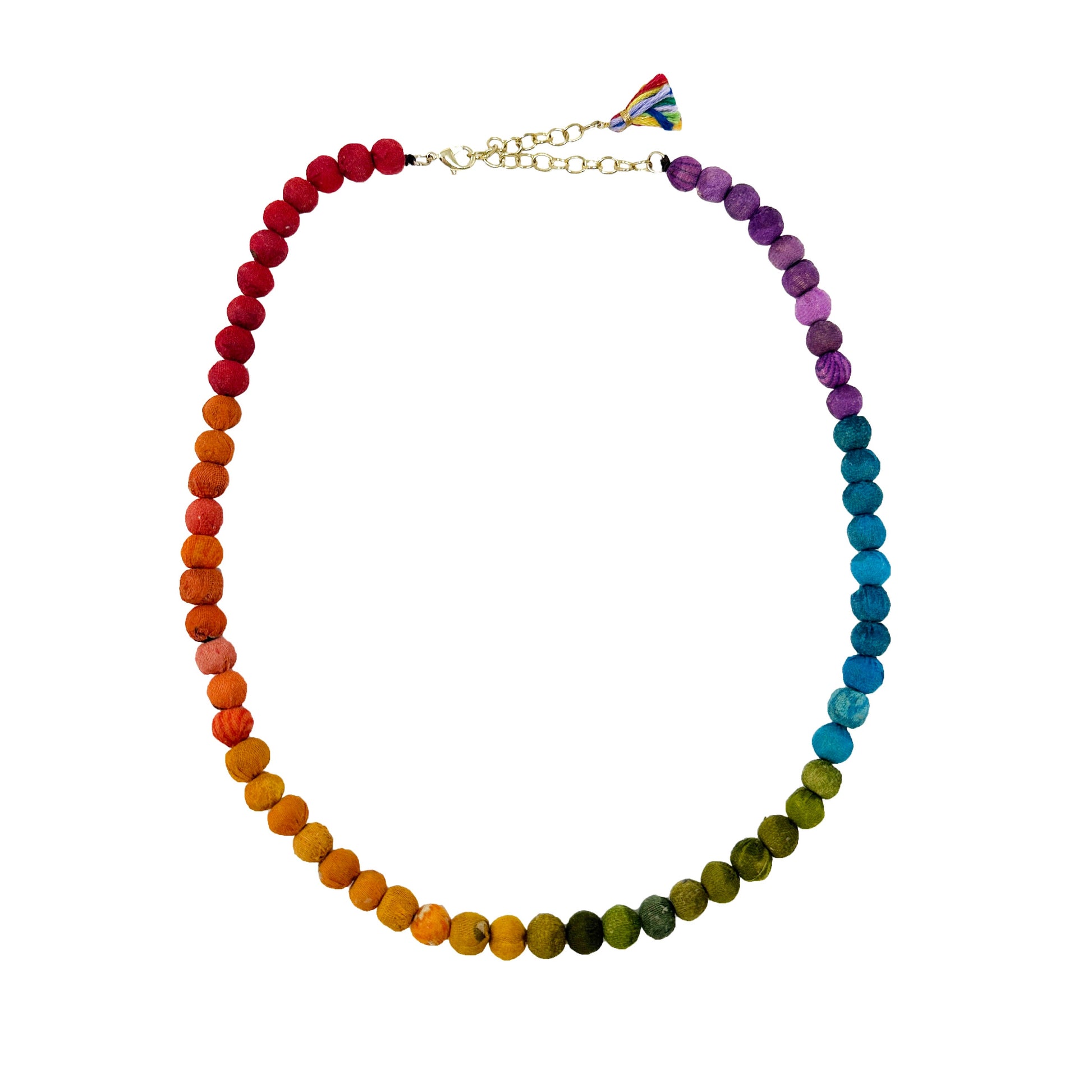 Kantha Prism Nacklace made of beads that have been sorted and arranged into vibrant, color-blocked sections for an multichromatic rainbow-like display of color.
