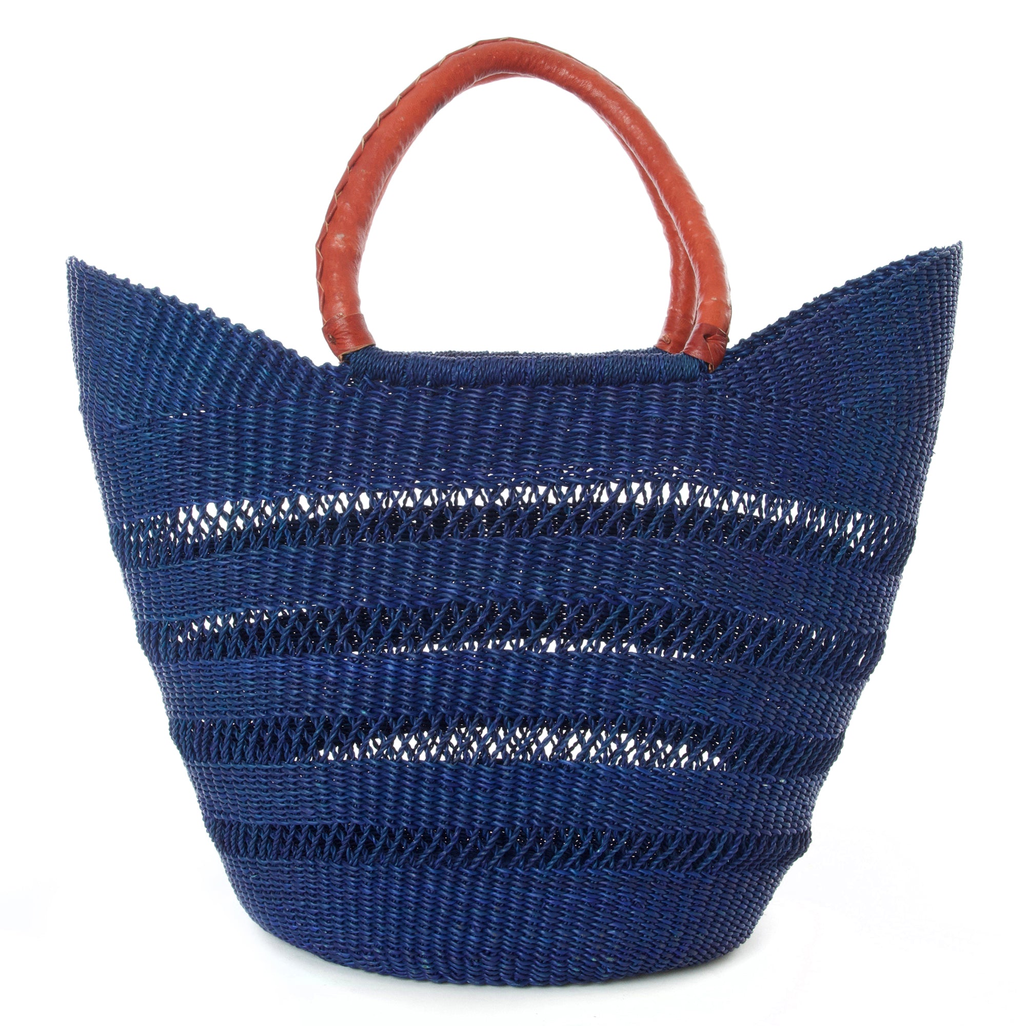 Navy Blue Ghanaian Lacework Wing Shopper with Leather Handles