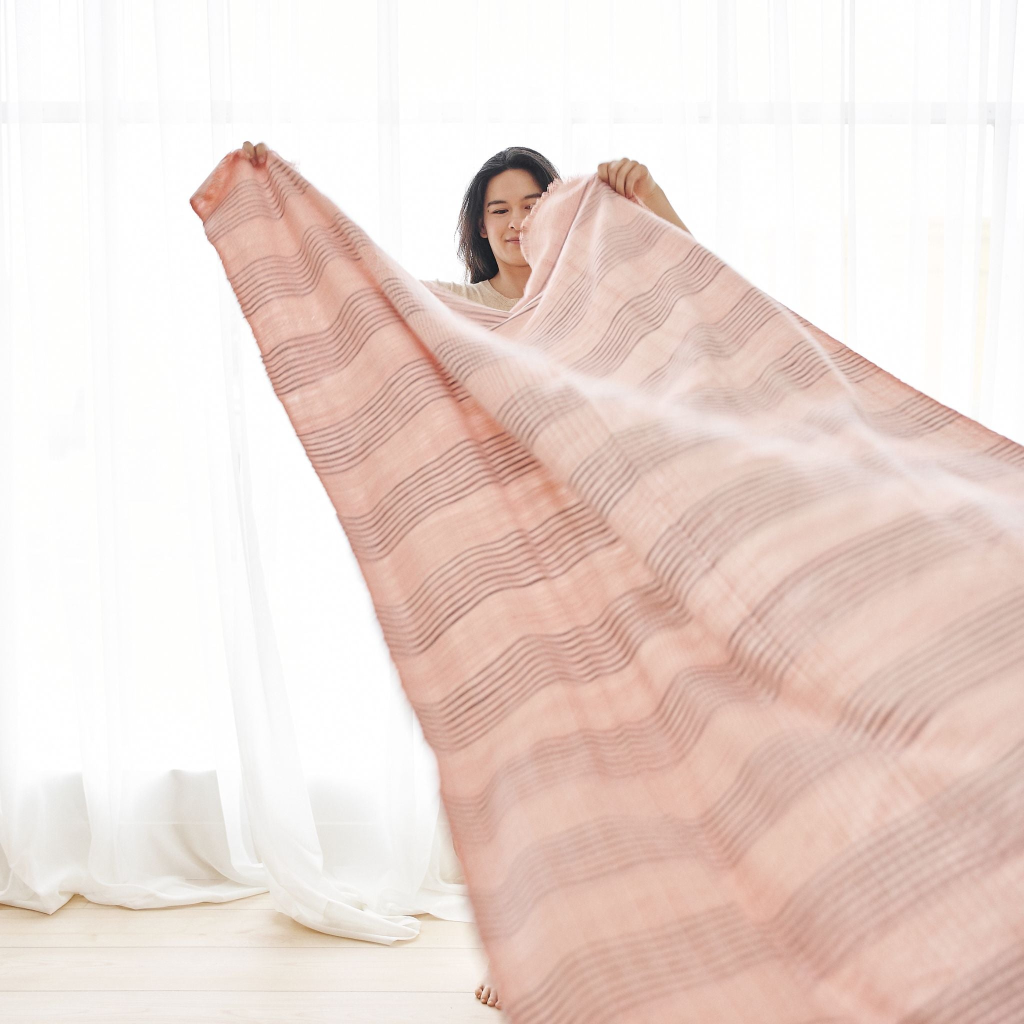 Silica Rose In Shades of Salmon Pink Gray Stripes Pattern Soft Handwoven Merino Throw