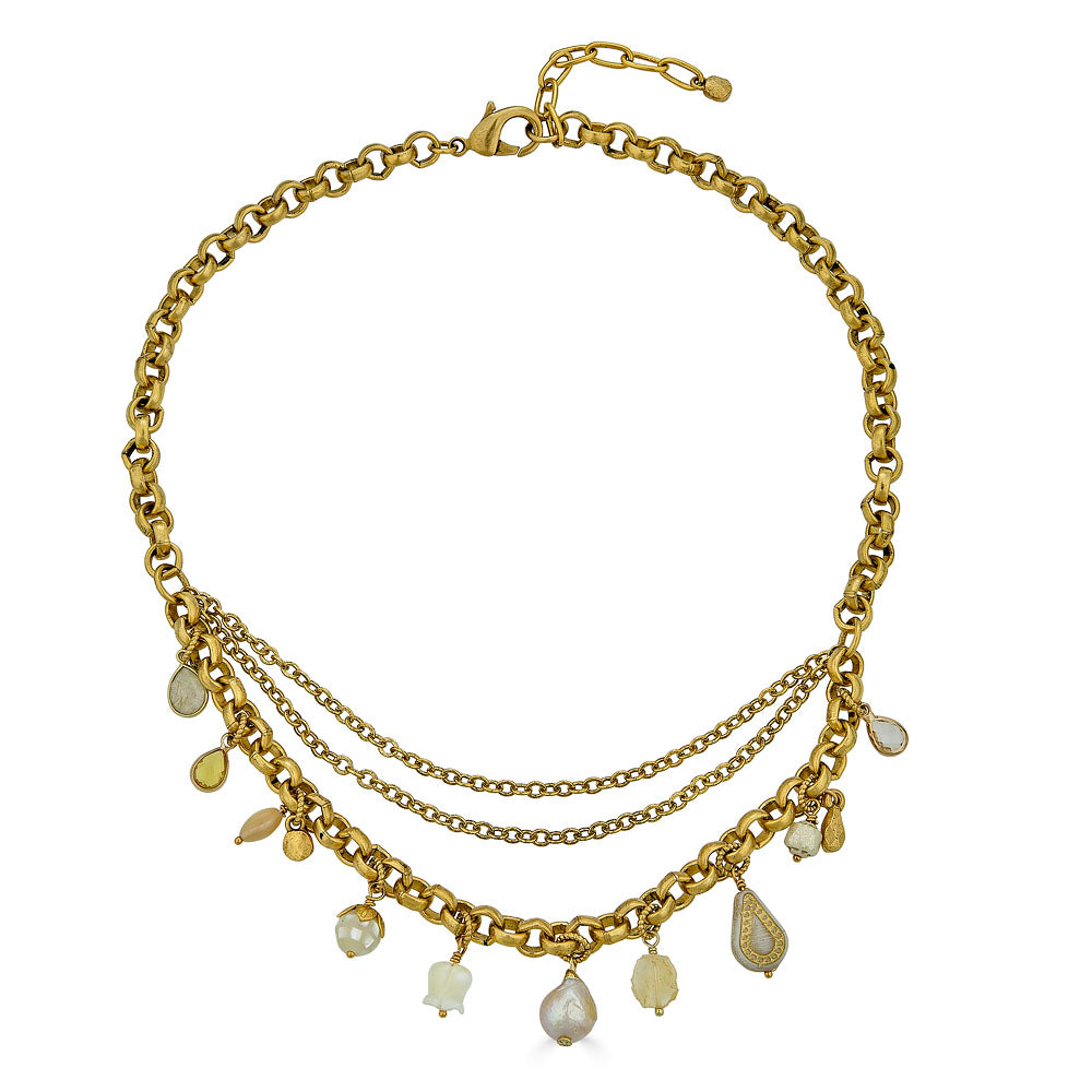Earthtone Charm Necklace with gold chains and neutral gemstone drops