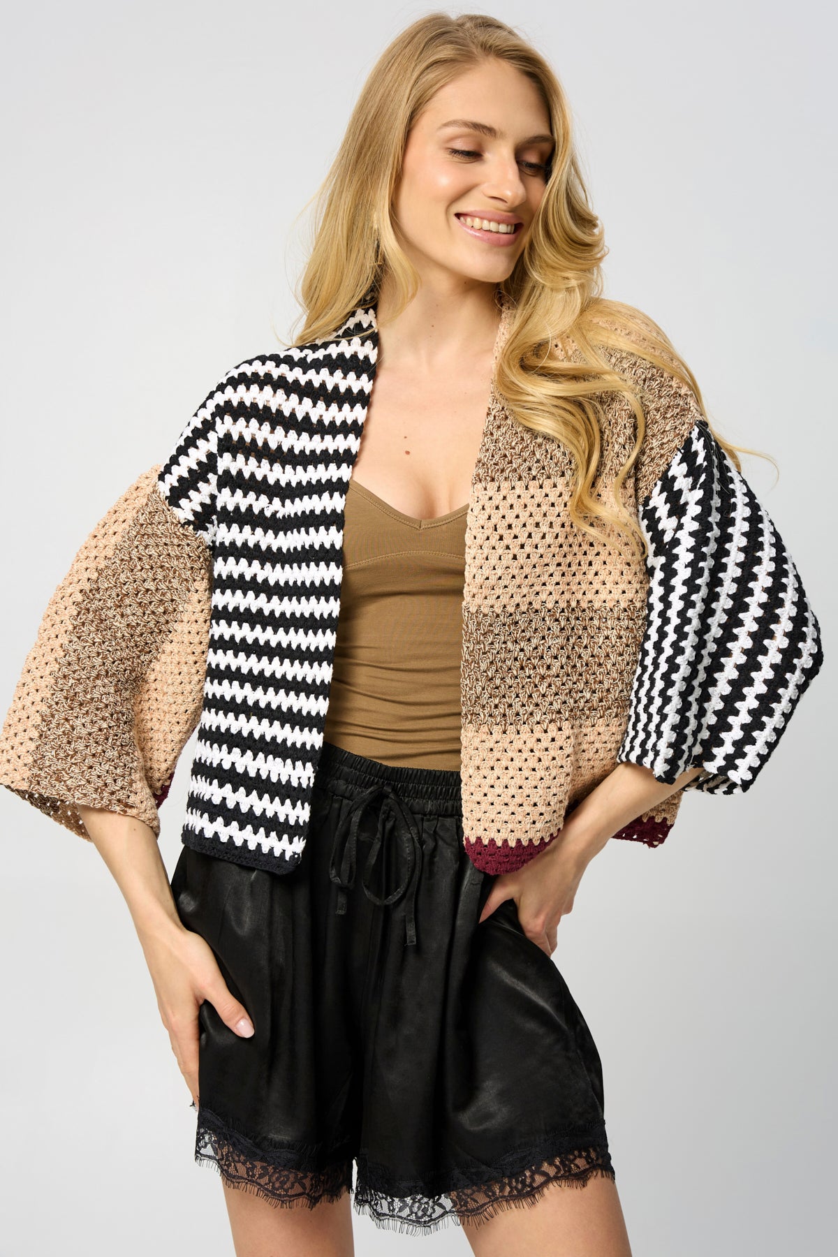 Crochet Granny Square Pattern Jacket - Lavender Blush