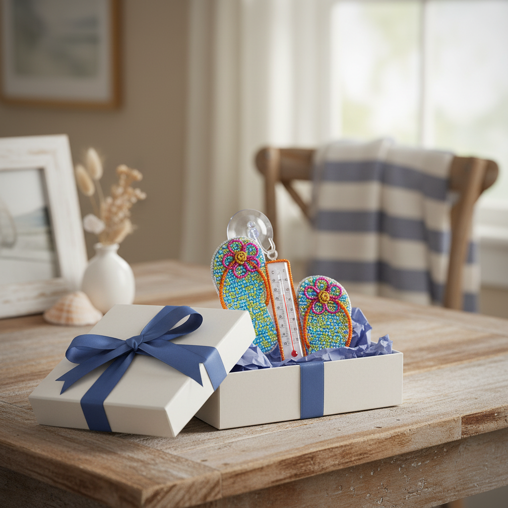 Thermometer Flip Flop Set of 2 as a gift on rustic wooden table with beach decor
