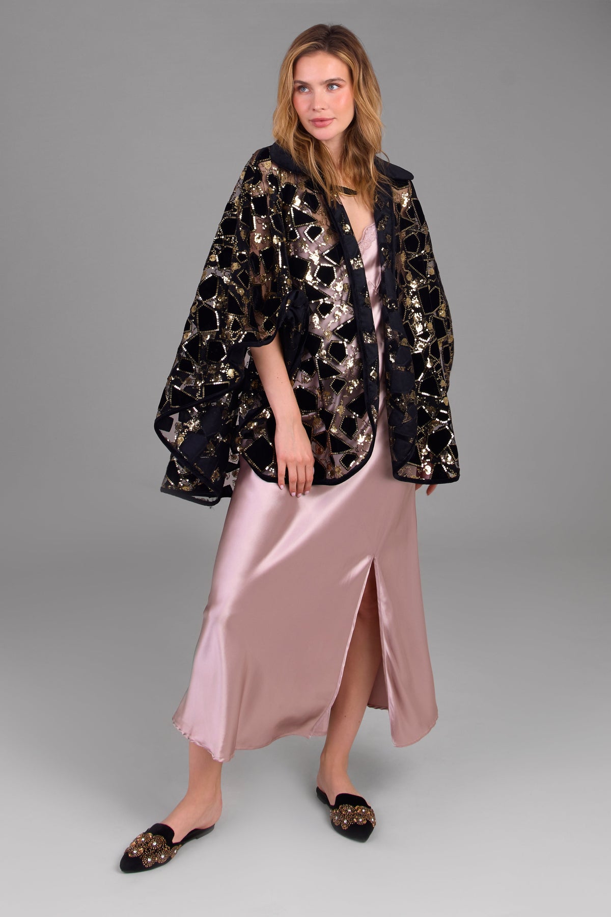 Velvet Sequin Collared Capelet - Black