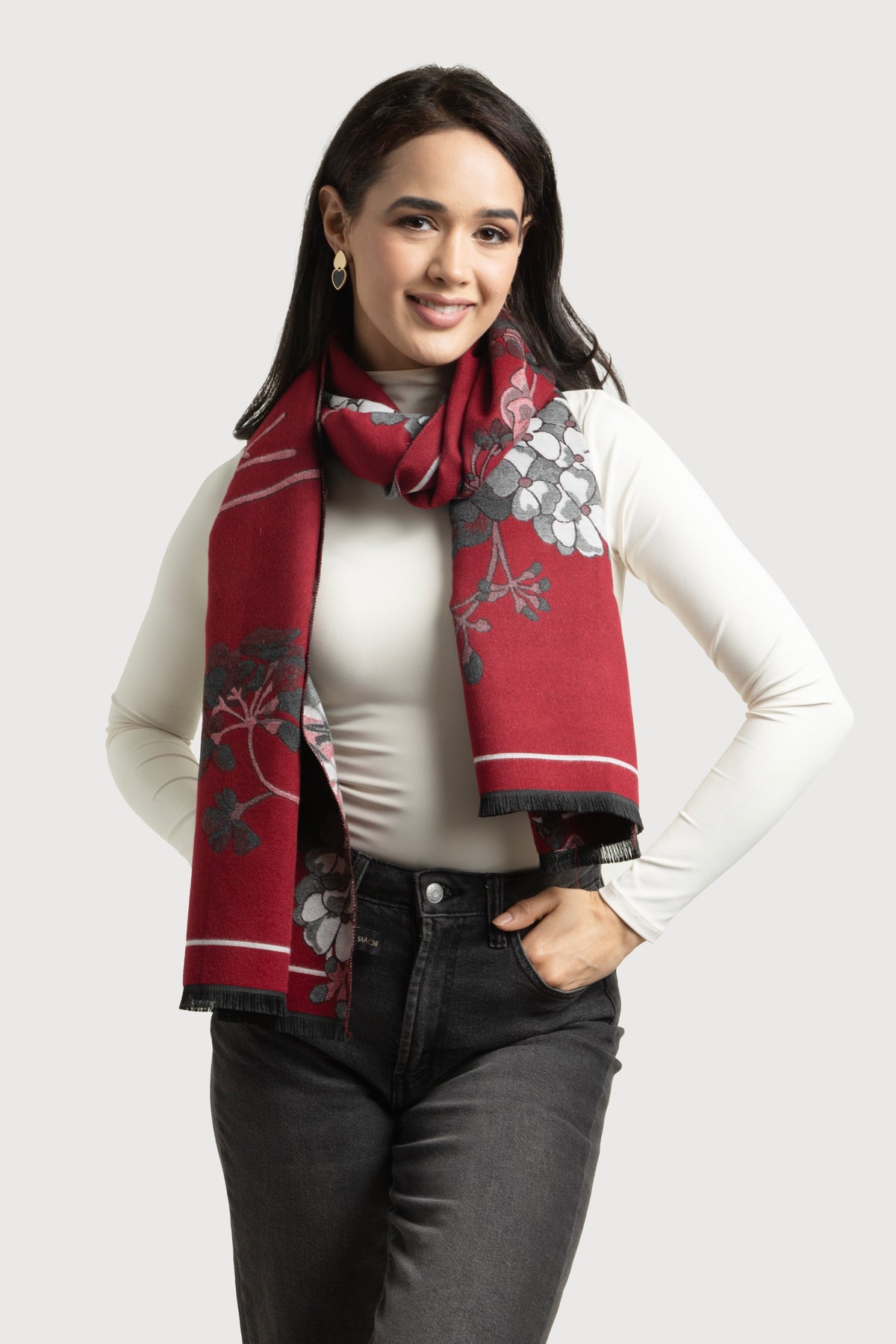 Reversible Floral Scarf For Winter - Grey