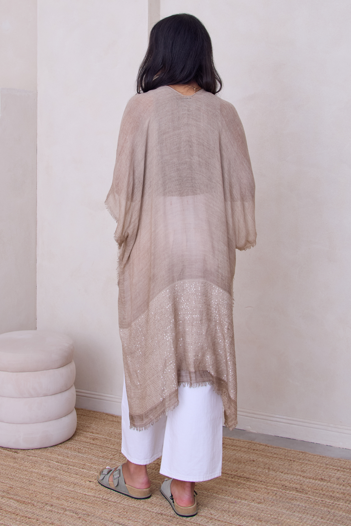 Fringed Sequin Kimono - Taupe