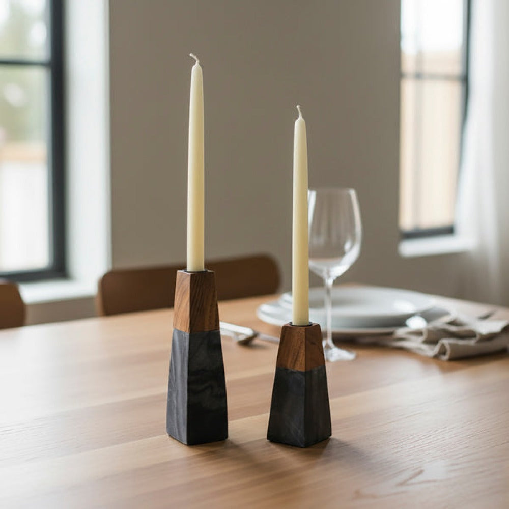 tapered black marble and acacia candleholder