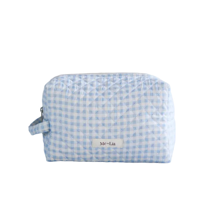 Gingham Blue Make-up Bag Large — interior of blue gingham cotton cosmetic bag