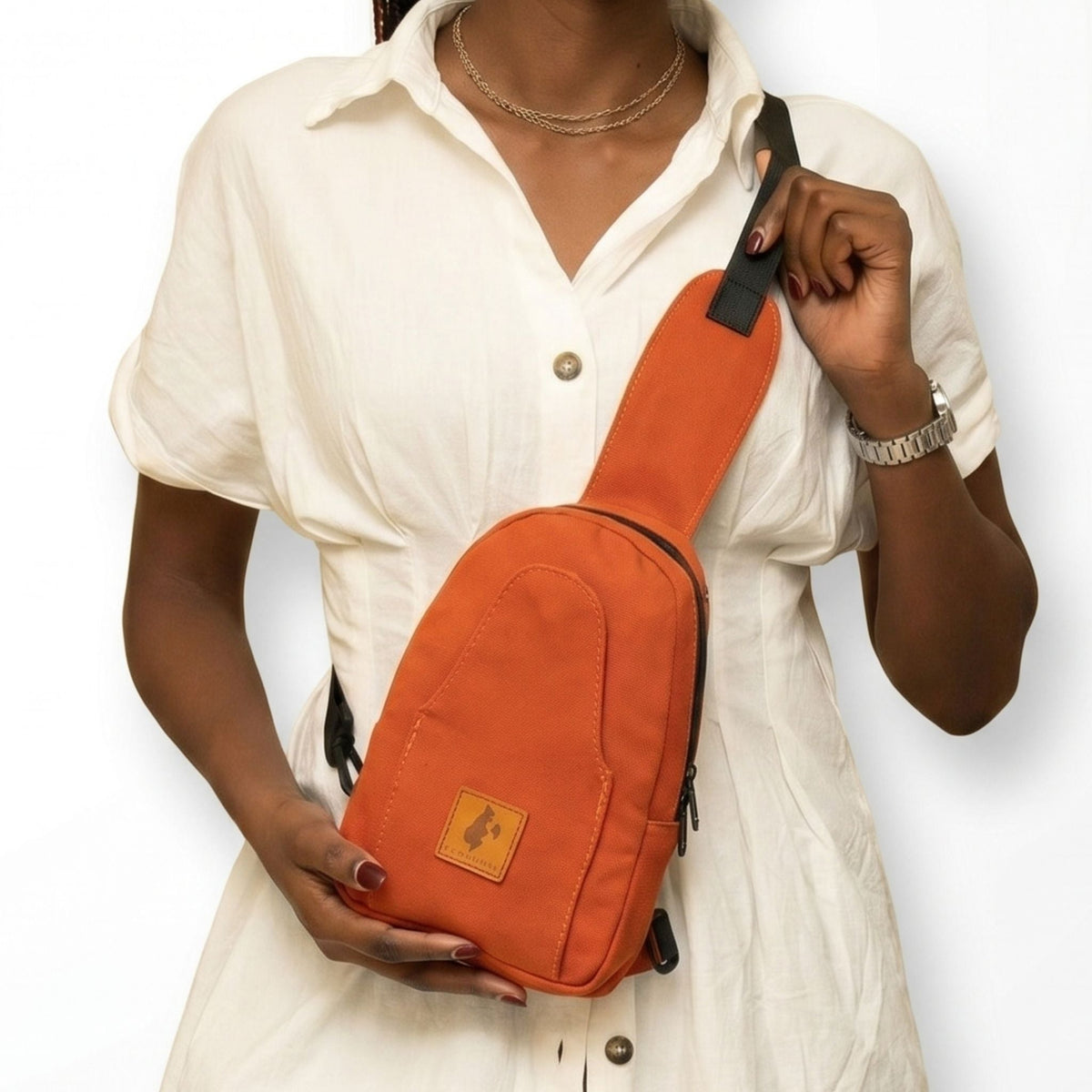 Buru canvas sling bag in rust — sustainable handmade crossbody #color_rust